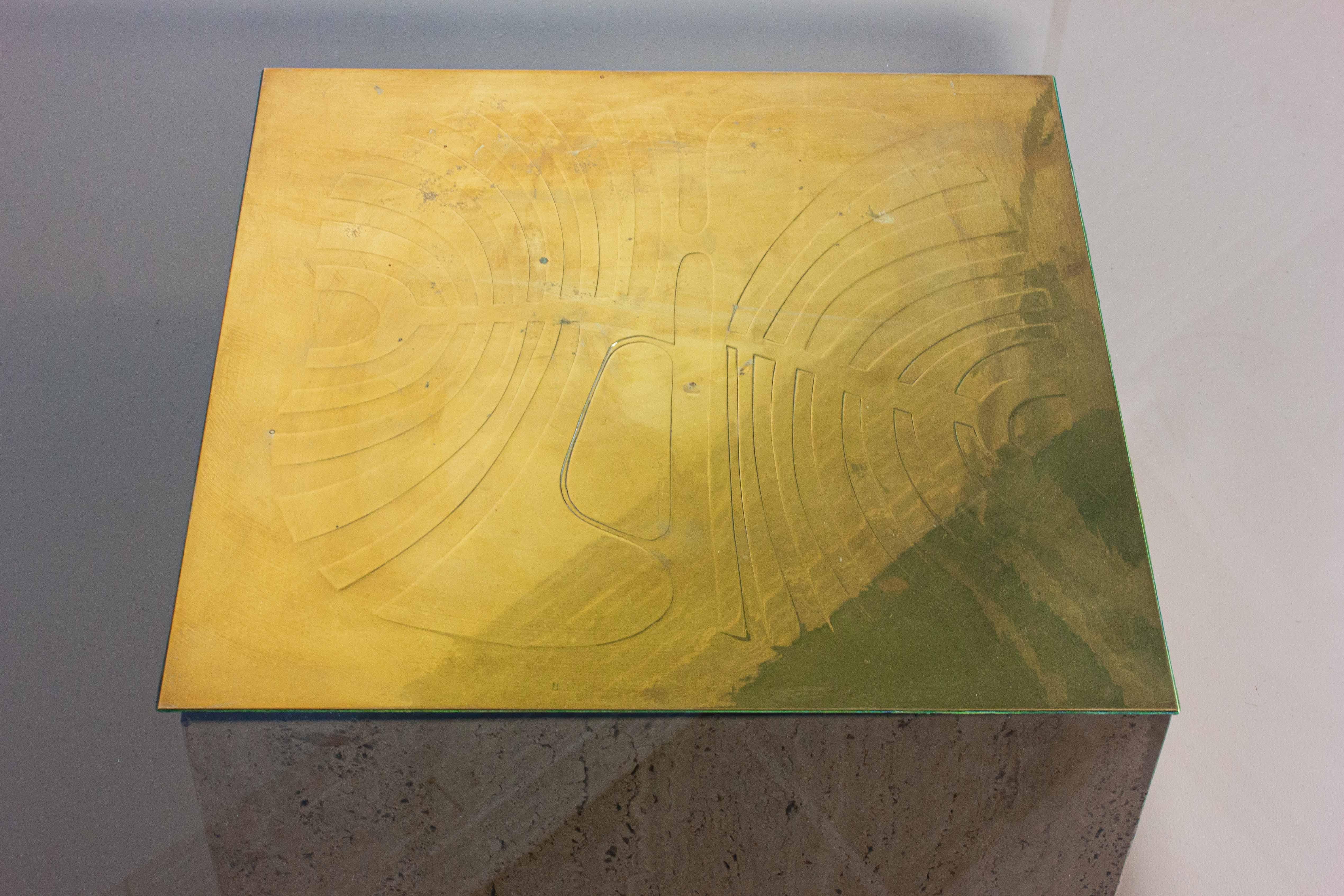 Mid-Century Modern Brass etched coffee table by Roger Vanhevel, Belgium 1970s