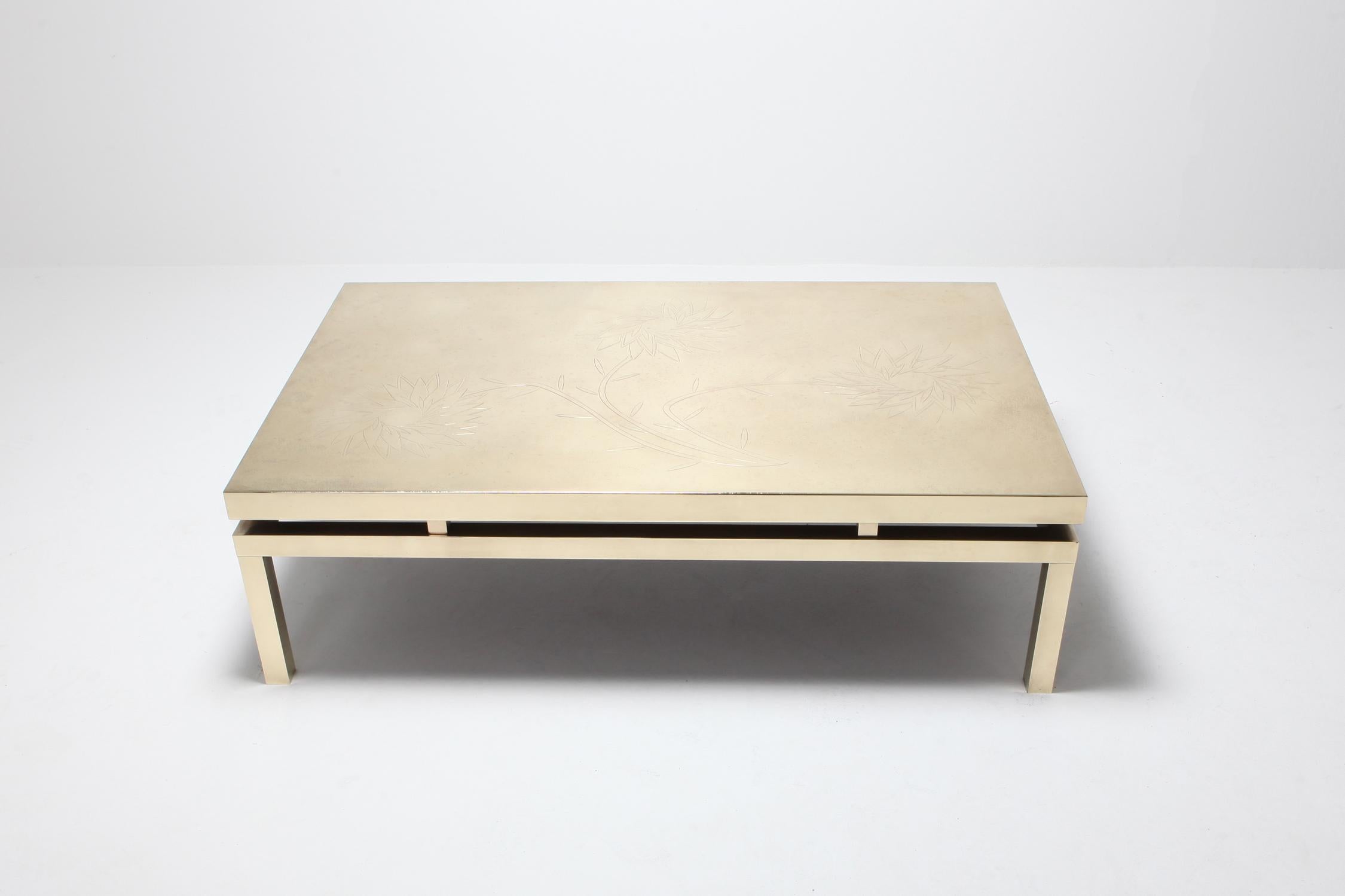 Belgian Brass Etched Coffee Table by Willy Daro, International Style, Belgium, 1970s For Sale
