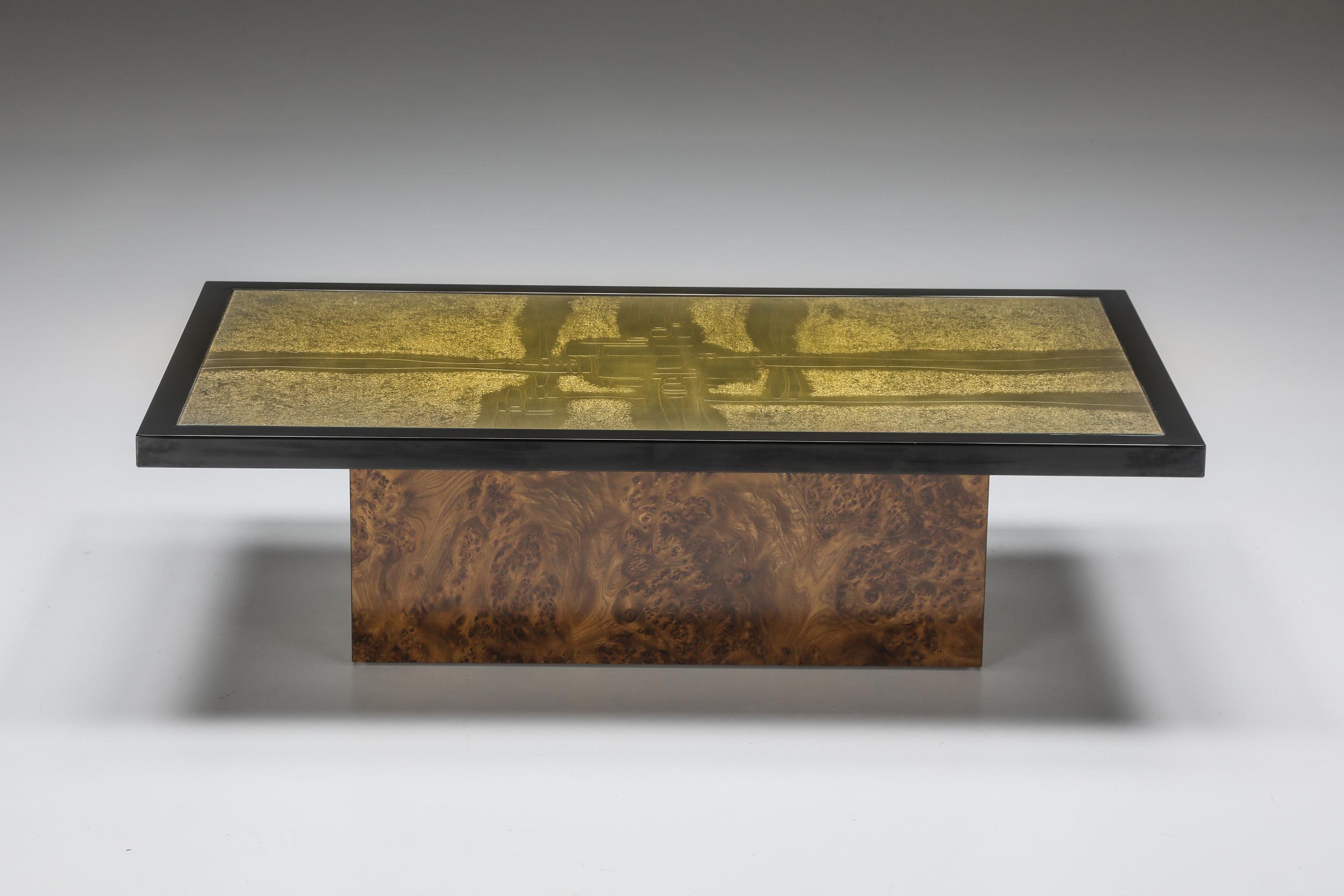 Coffee table; Maho design; side table; Belgium: 1970's; George Matthias; Armand Jonckers, Love creation; Christian Heckscher;

Brass etched rectangular coffee table made in Belgium in the 1970s. The artwork is signed and numbered Maho 3/250.
