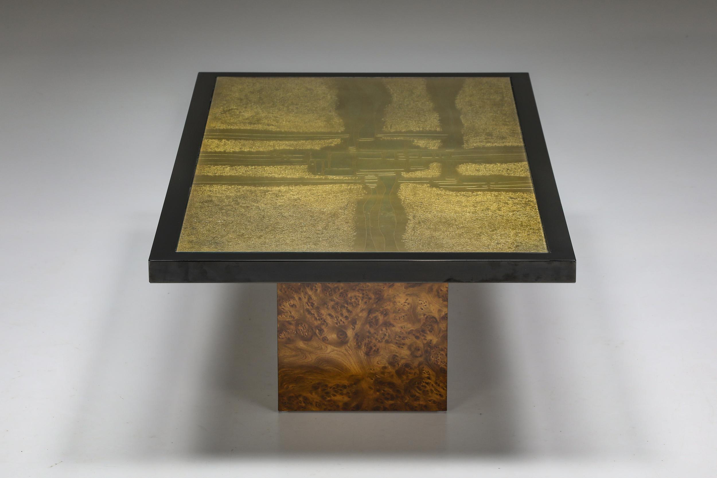 Hollywood Regency Brass Etched Coffee Table on Burl Base by Maho 3/250, Belgium, 1970s