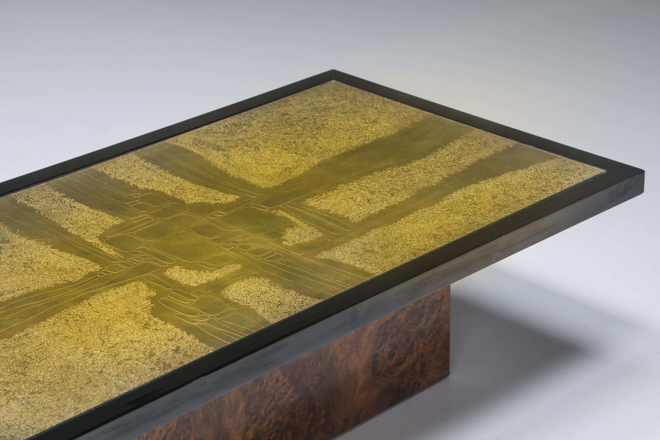 Brass Etched Coffee Table on Burl Base by Maho 3/250, Belgium, 1970s 1