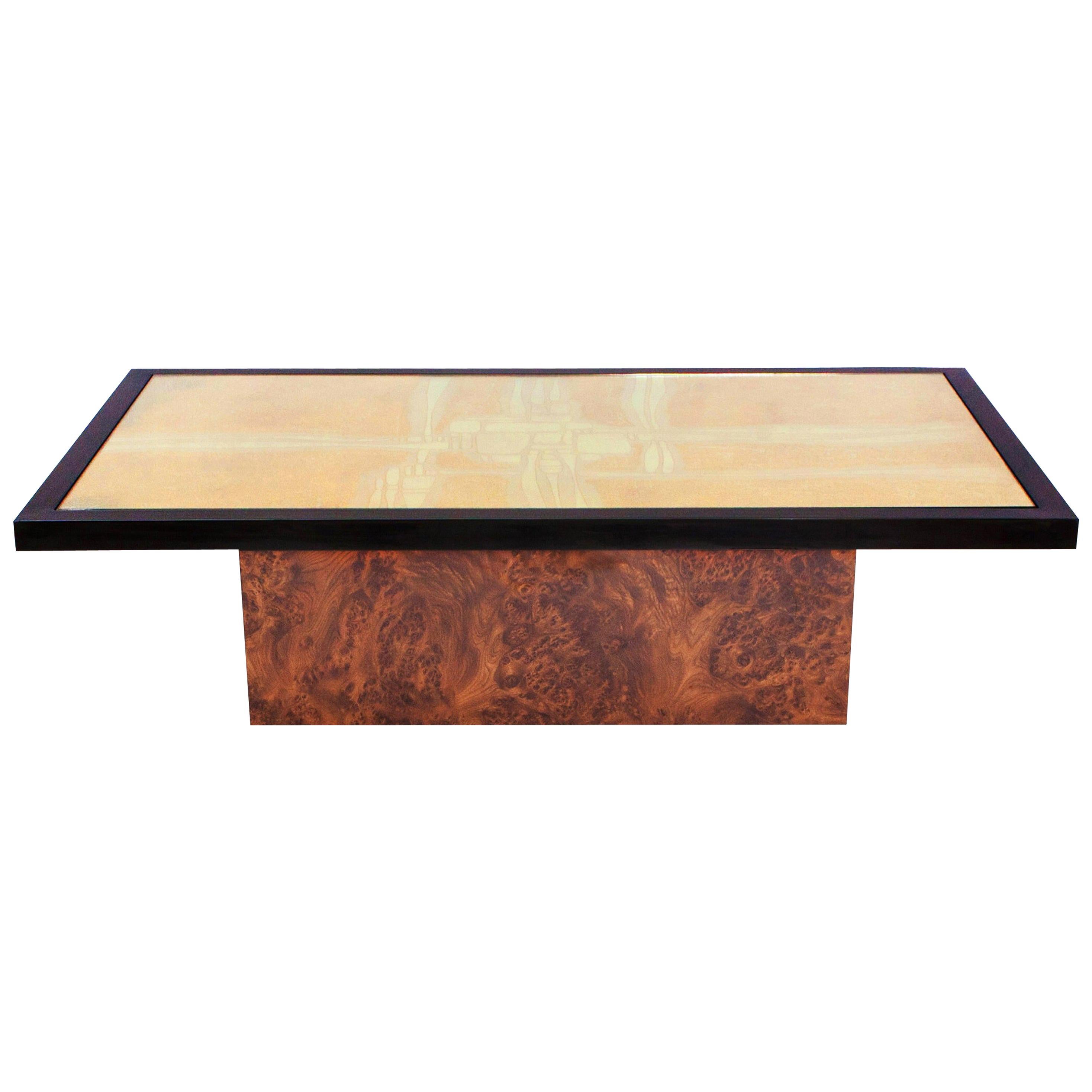 Brass Etched Coffee Table on burl base by Maho, Belgium