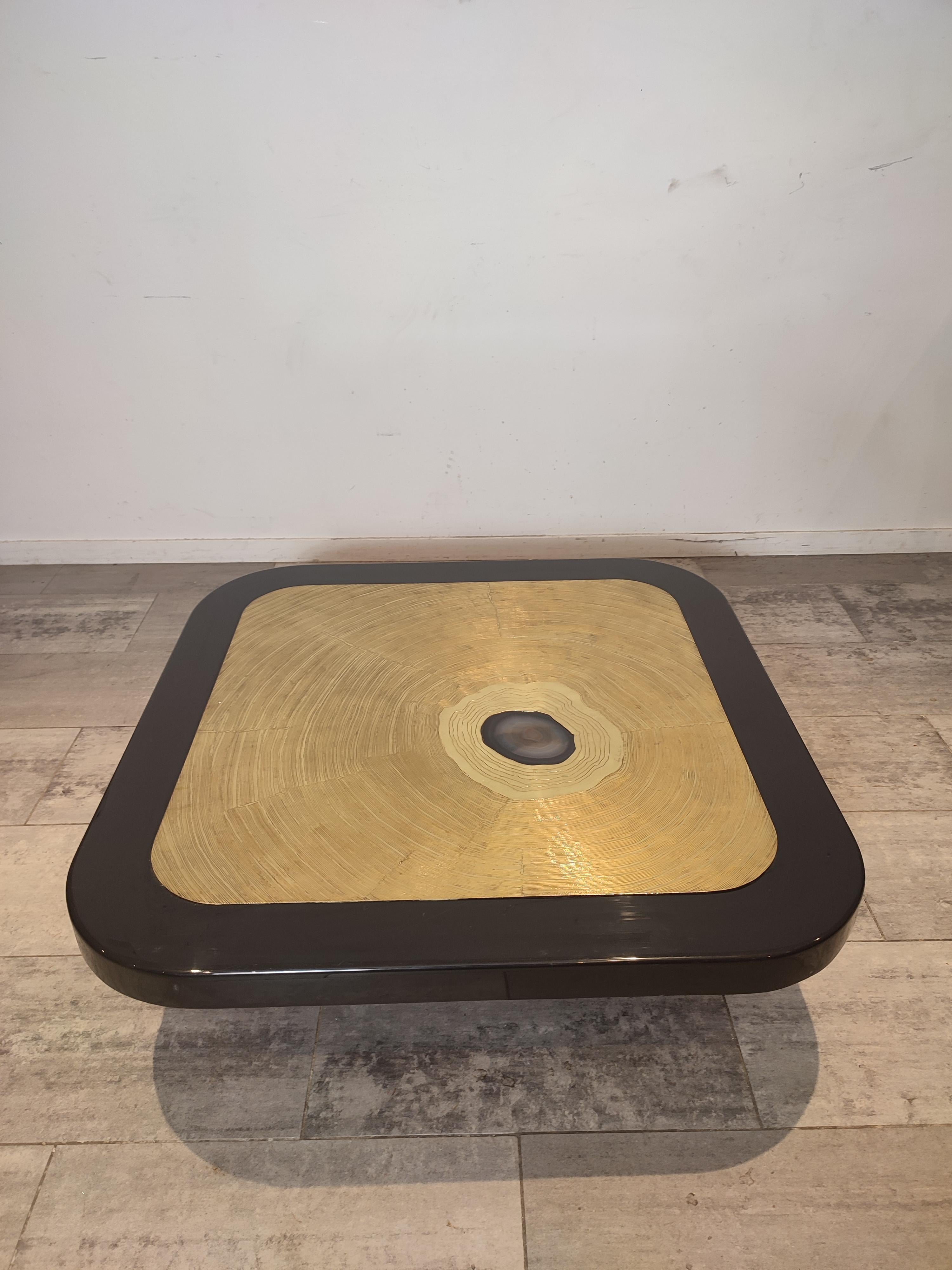 Brass Etched Coffee Table with Blue Agathe Stone For Sale 2