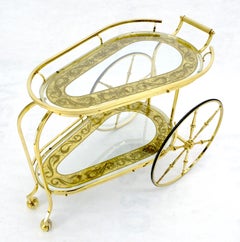 Brass Etched Glass Mid Century Modern Serving Bar Cart Wagon Style Wheels MINT