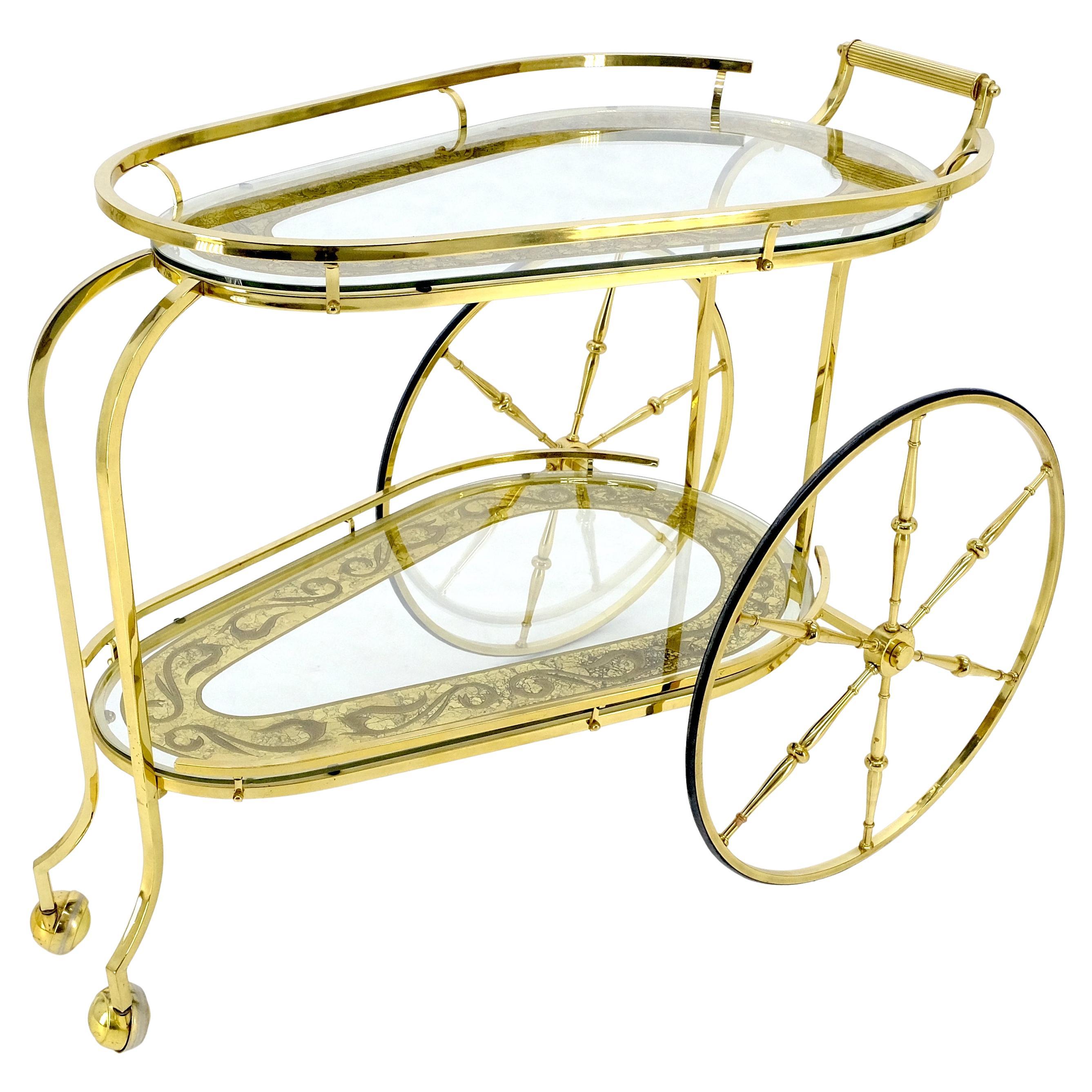 Brass Etched Glass Mid Century Modern Serving Bar Cart Wagon Style Wheels MINT For Sale