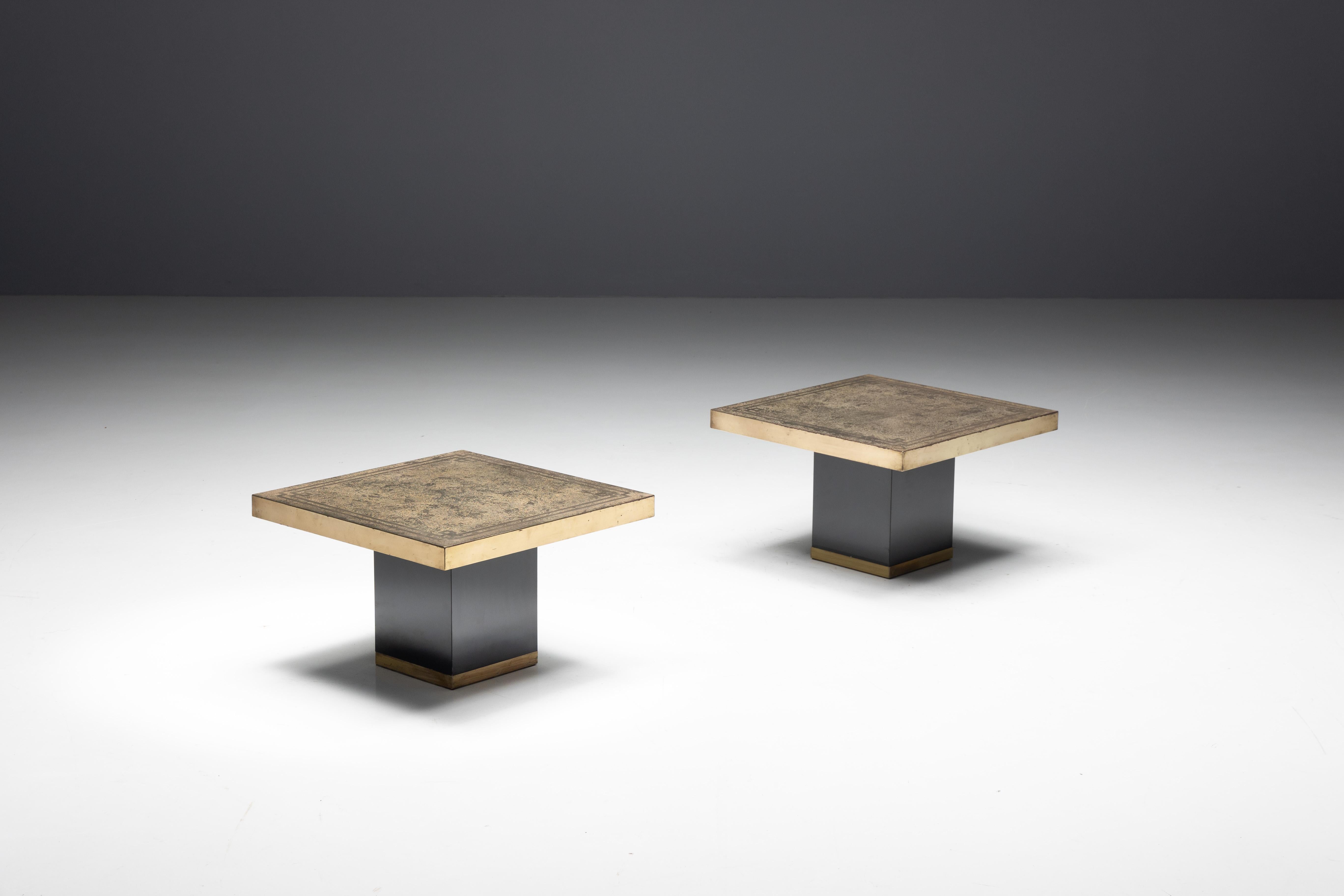 Fin du 20e siècle Tables d'appoint Hollywood Regency gravées en laiton par Georges Mathias, France, 1970 en vente