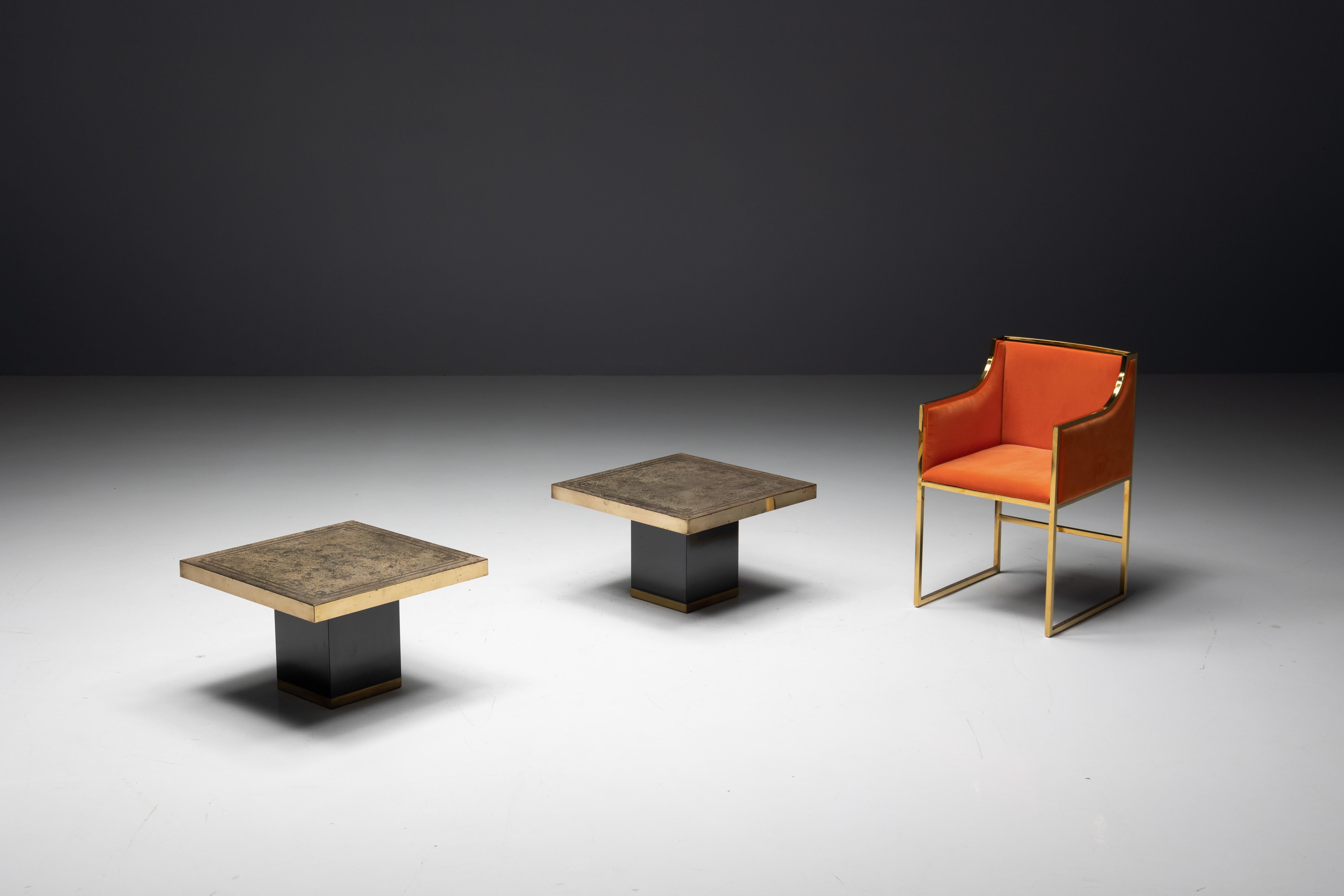 Laiton Tables d'appoint Hollywood Regency gravées en laiton par Georges Mathias, France, 1970 en vente