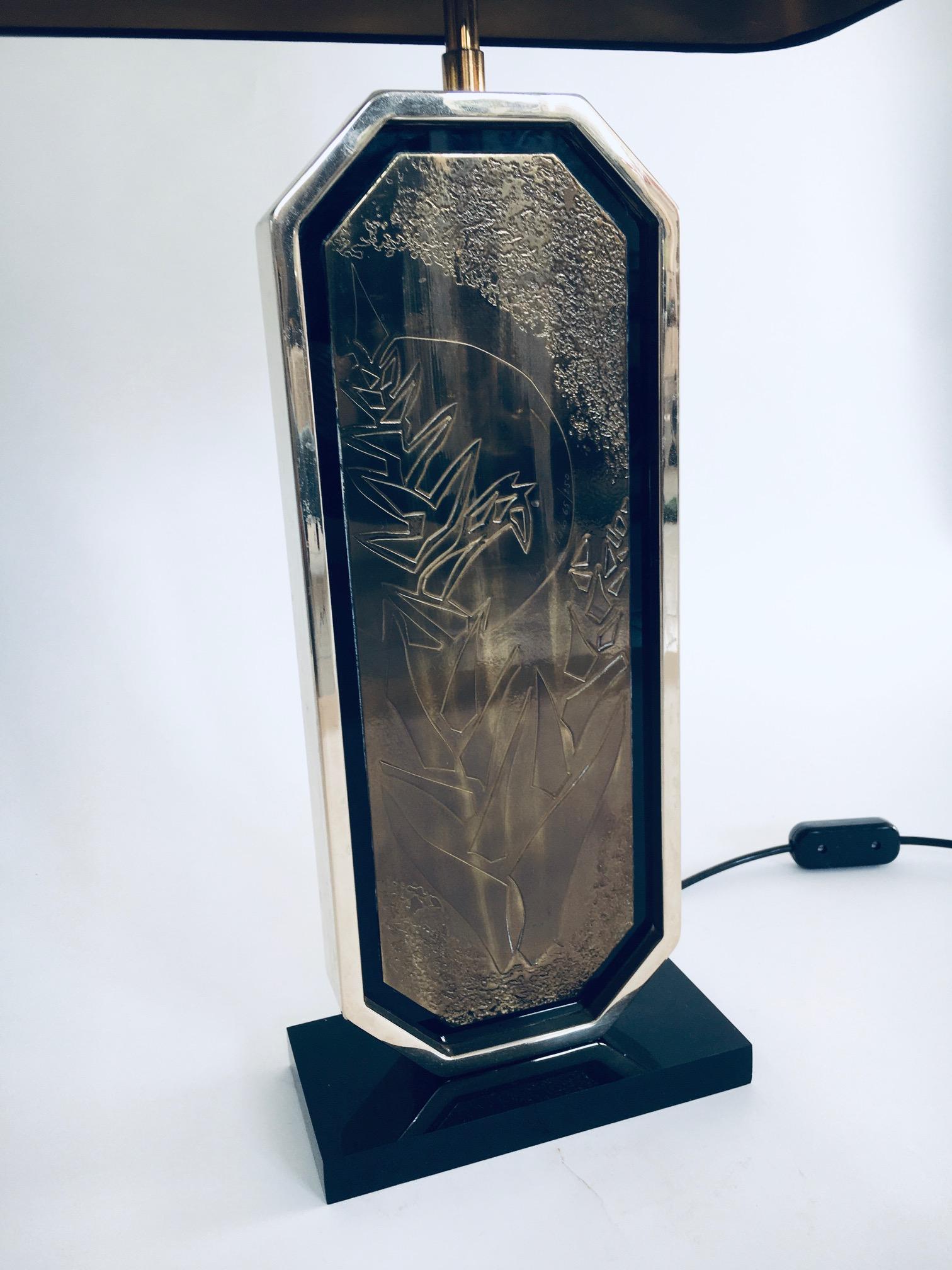 Brass Etched Maho Table Lamp by George Mathias for M2000, Belgium 1970's 6