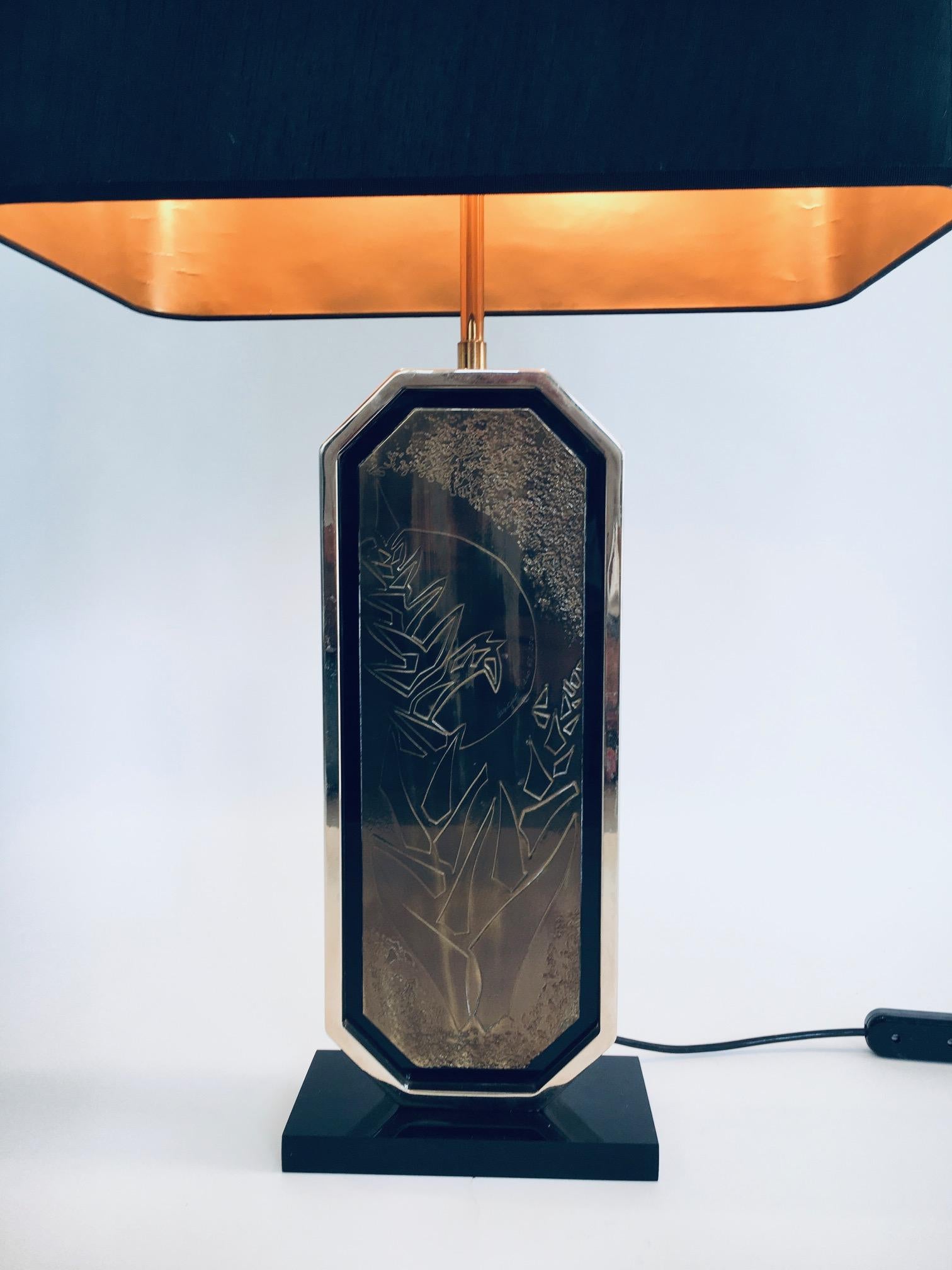Brass Etched Maho Table Lamp by George Mathias for M2000, Belgium 1970's 1