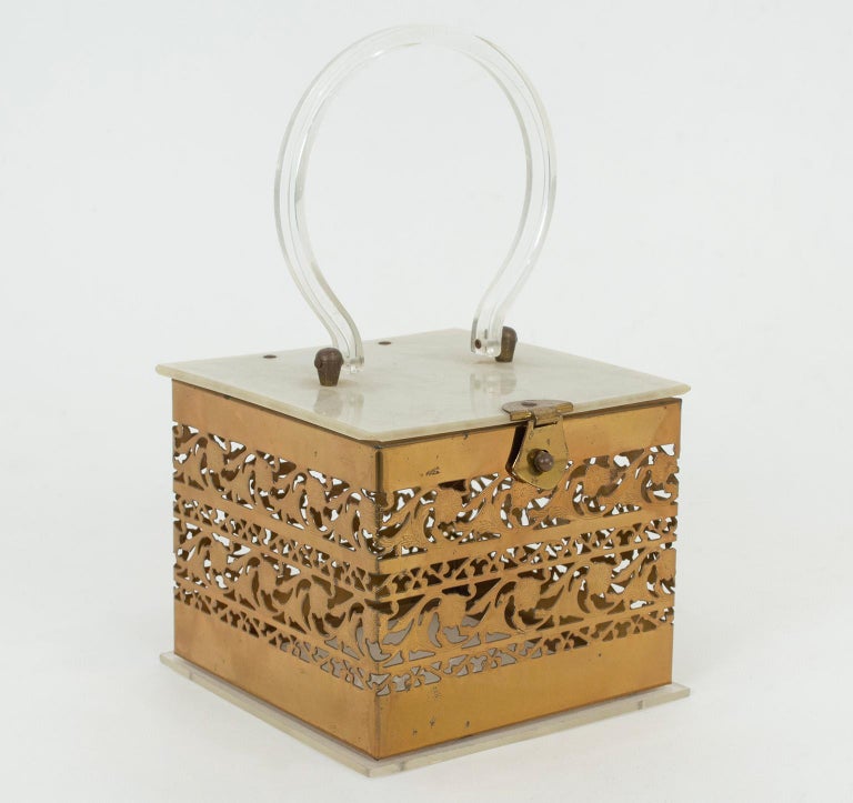 Brass Etched Openwork Filigree Cube Purse w MOP Lucite Lid and Clear Base,  1950s For Sale at 1stDibs