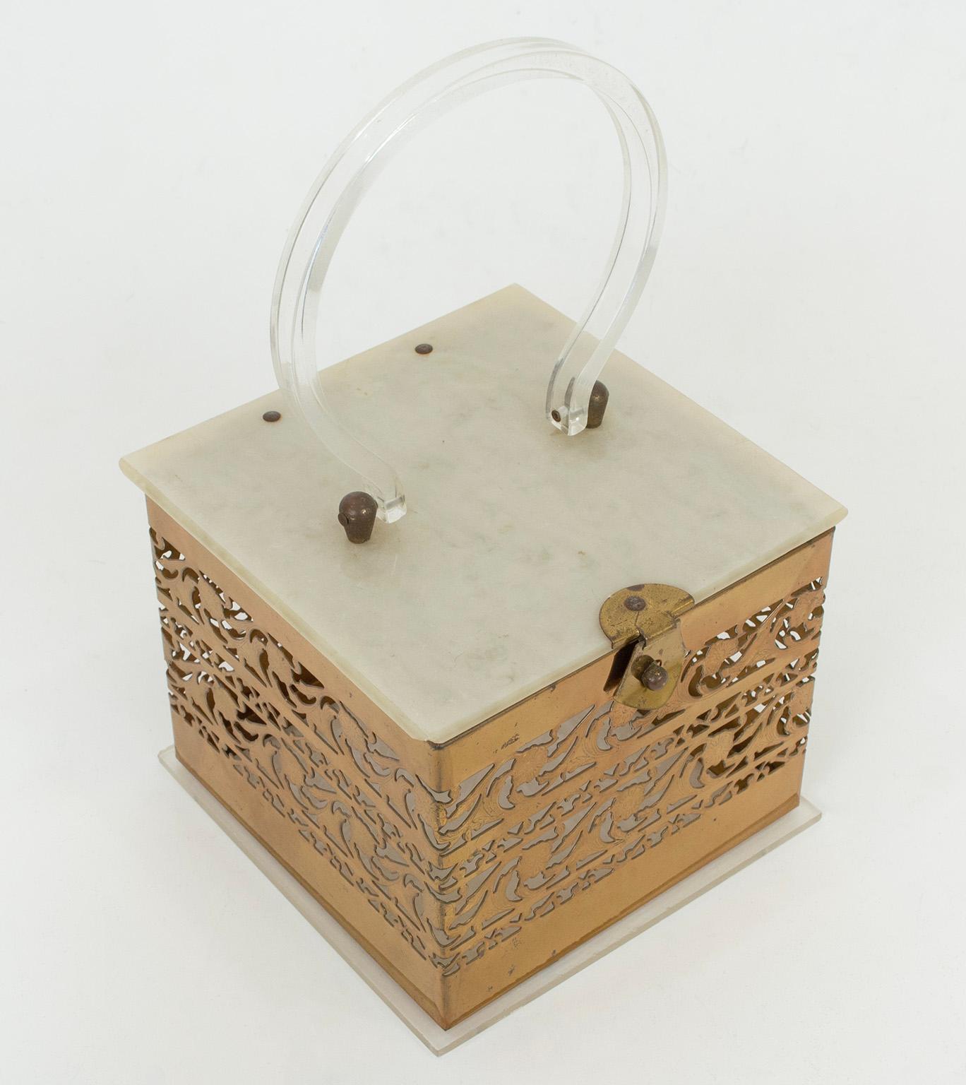 Brass Etched Openwork Filigree Cube Purse w MOP Lucite Lid and Clear Base, 1950s In Good Condition For Sale In Tucson, AZ