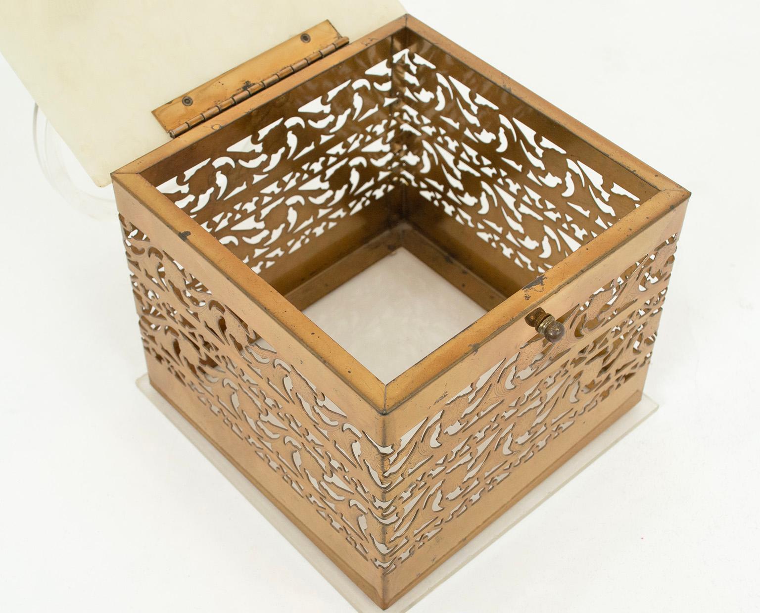 Women's Brass Etched Openwork Filigree Cube Purse w MOP Lucite Lid and Clear Base, 1950s For Sale