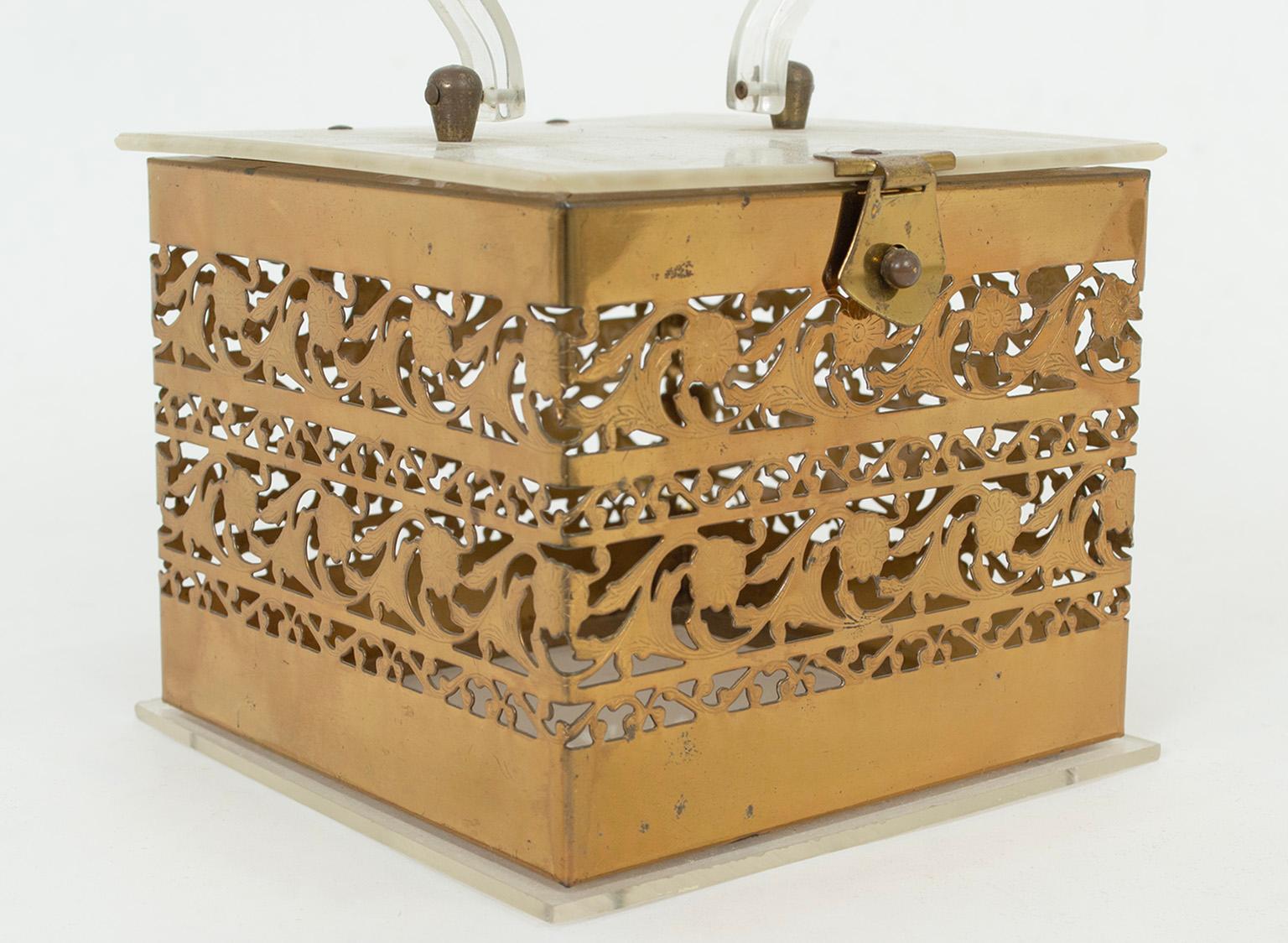 Brass Etched Openwork Filigree Cube Purse w MOP Lucite Lid and Clear Base, 1950s For Sale 1