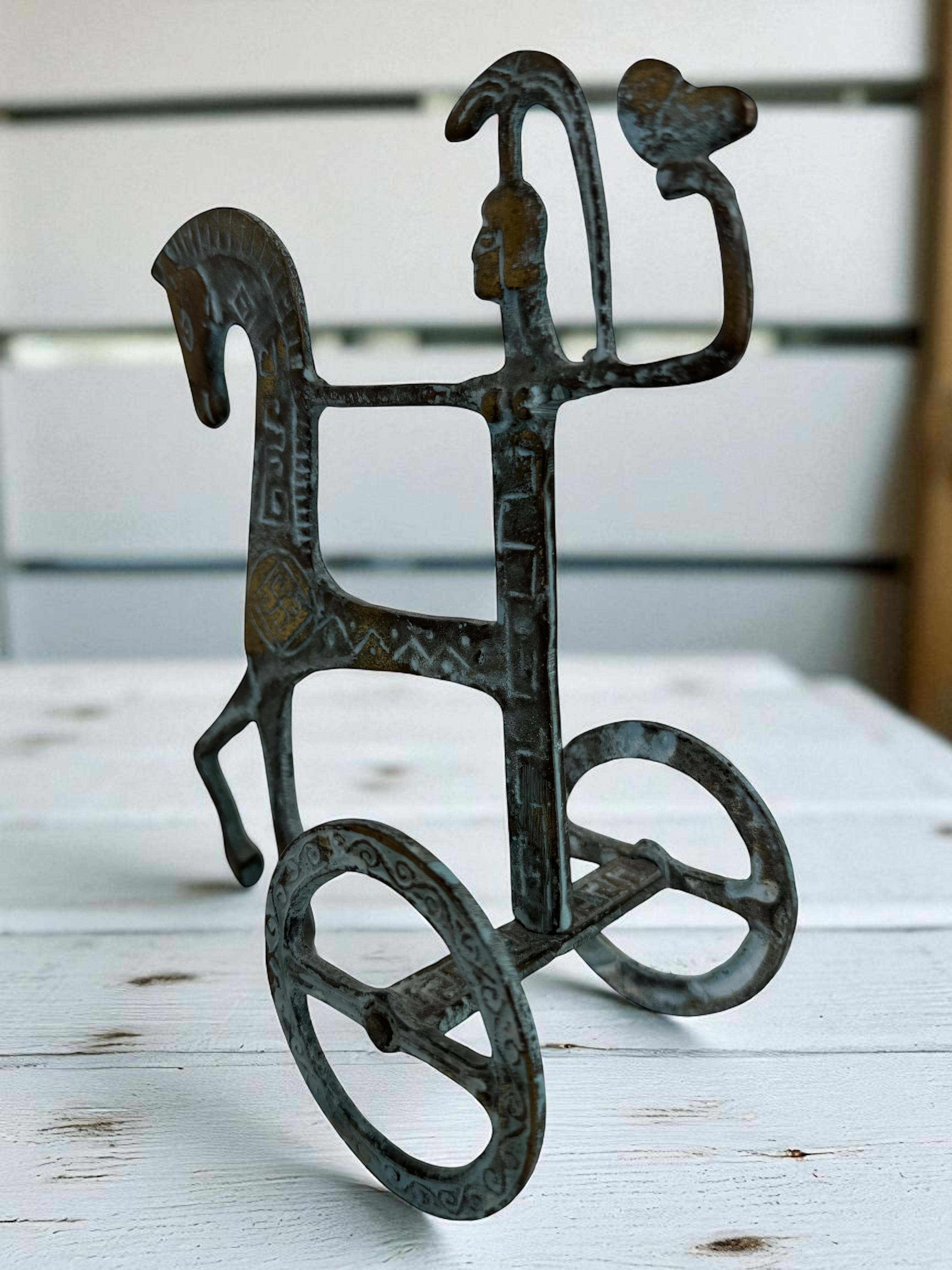 Scultura etrusca in ottone con cavallo e carro, Grecia, Italia, vintage anni '70 in vendita 3