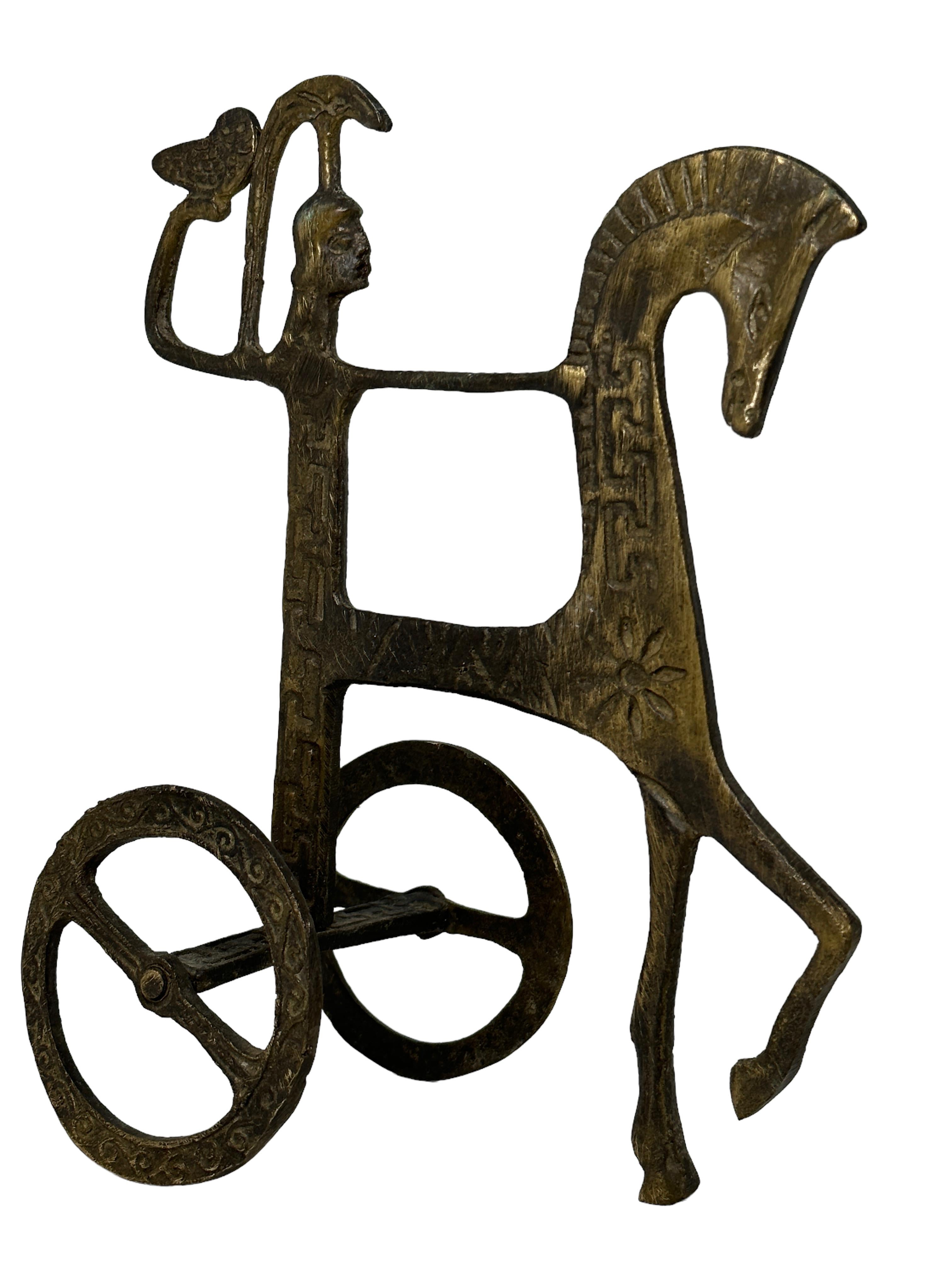 Patinated Brass Etruscan Horse and Chariot Sculpture, Greece Italy vintage 1970s For Sale