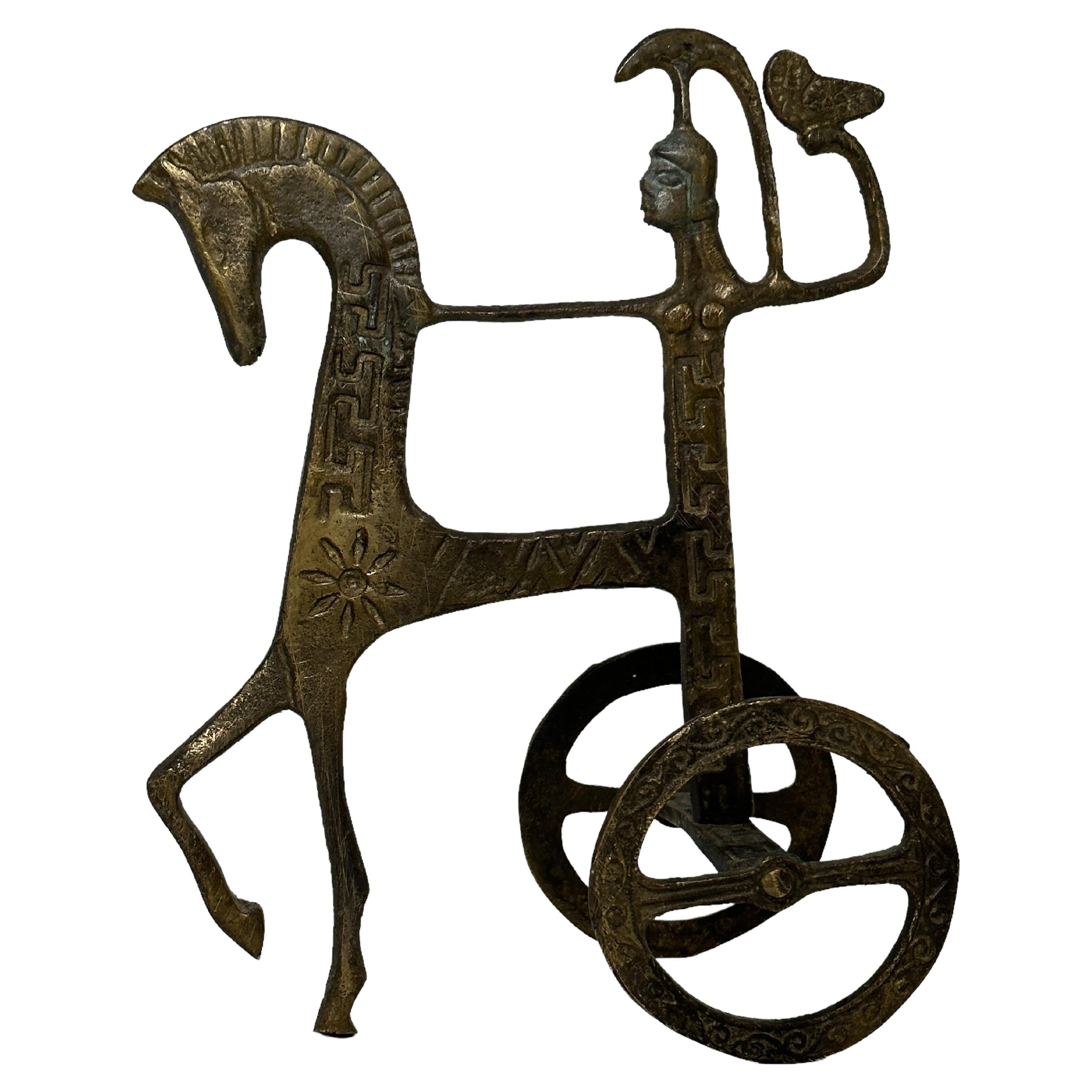 Brass Etruscan Horse and Chariot Sculpture, Greece Italy vintage 1970s For Sale