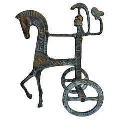 Brass Etruscan Horse and Chariot Sculpture, Greece Italy vintage 1970s