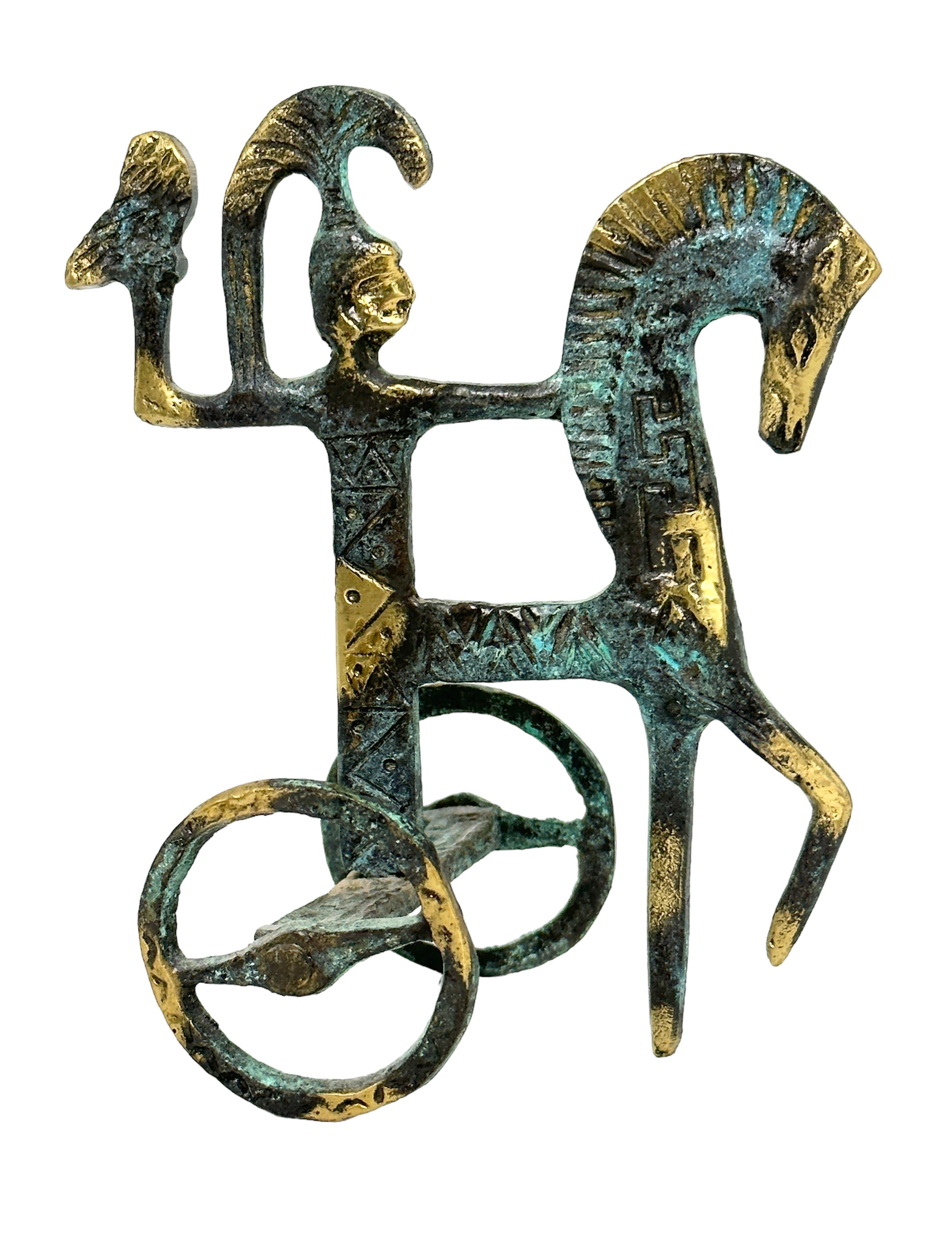 Greek Brass Etruscan Horse and Chariot Sculpture, Greece Vintage 1970s