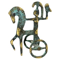 Brass Etruscan Horse and Chariot Sculpture, Greece Vintage 1970s