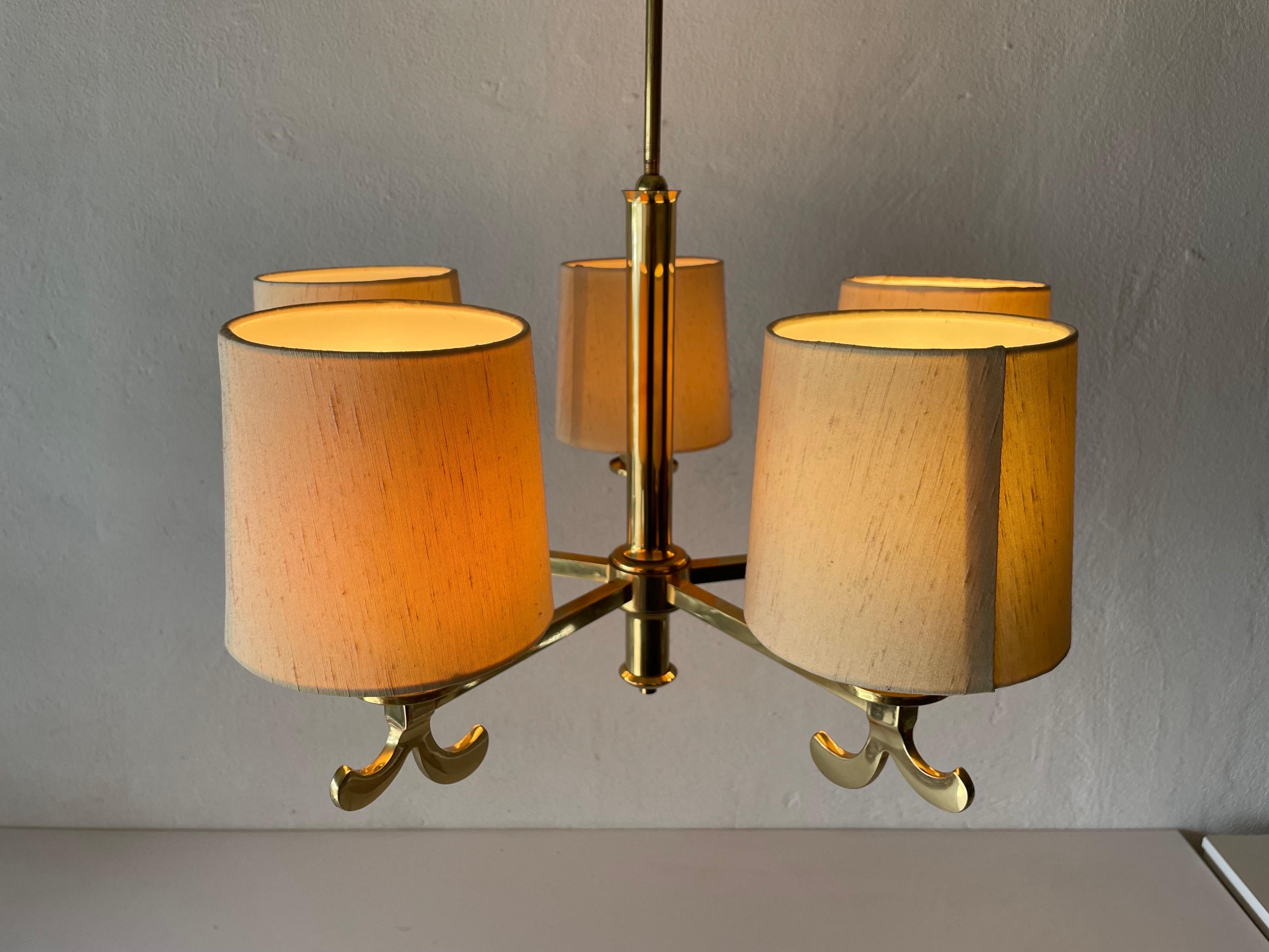  Brass & Fabric Shade 5-Arm Chandelier by Hans Möller, 1960s, Germany For Sale 7