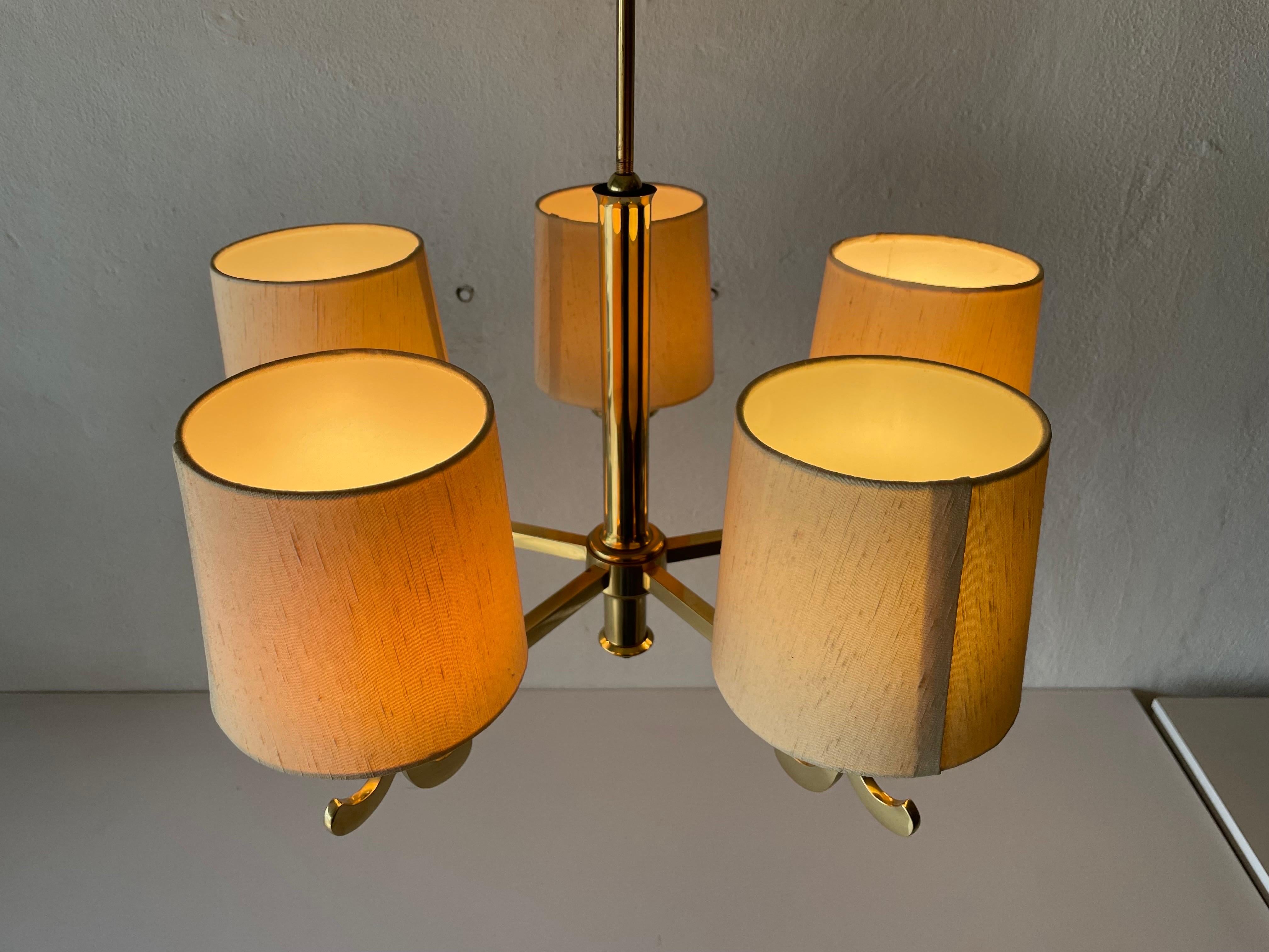  Brass & Fabric Shade 5-Arm Chandelier by Hans Möller, 1960s, Germany For Sale 9