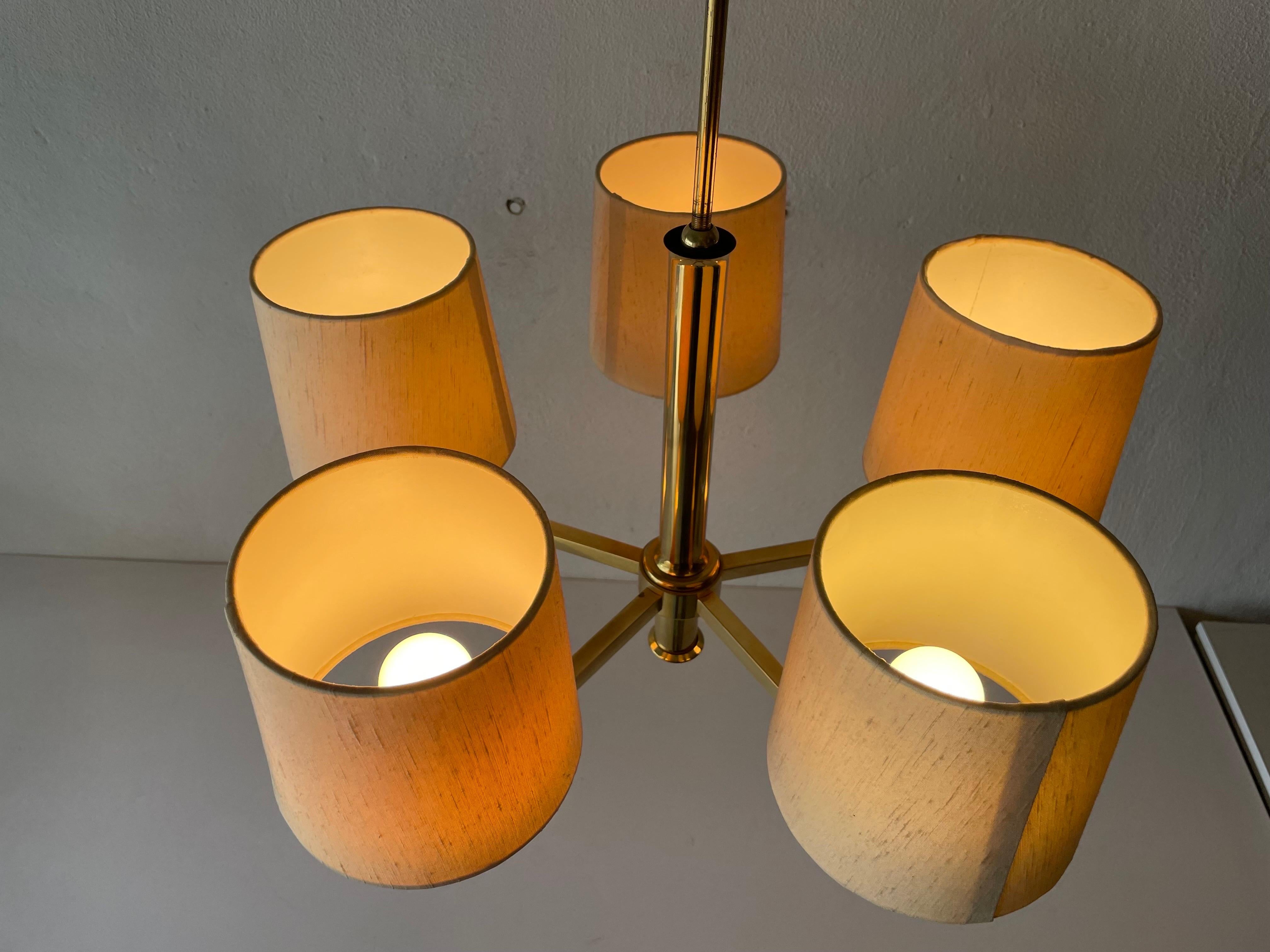  Brass & Fabric Shade 5-Arm Chandelier by Hans Möller, 1960s, Germany For Sale 12