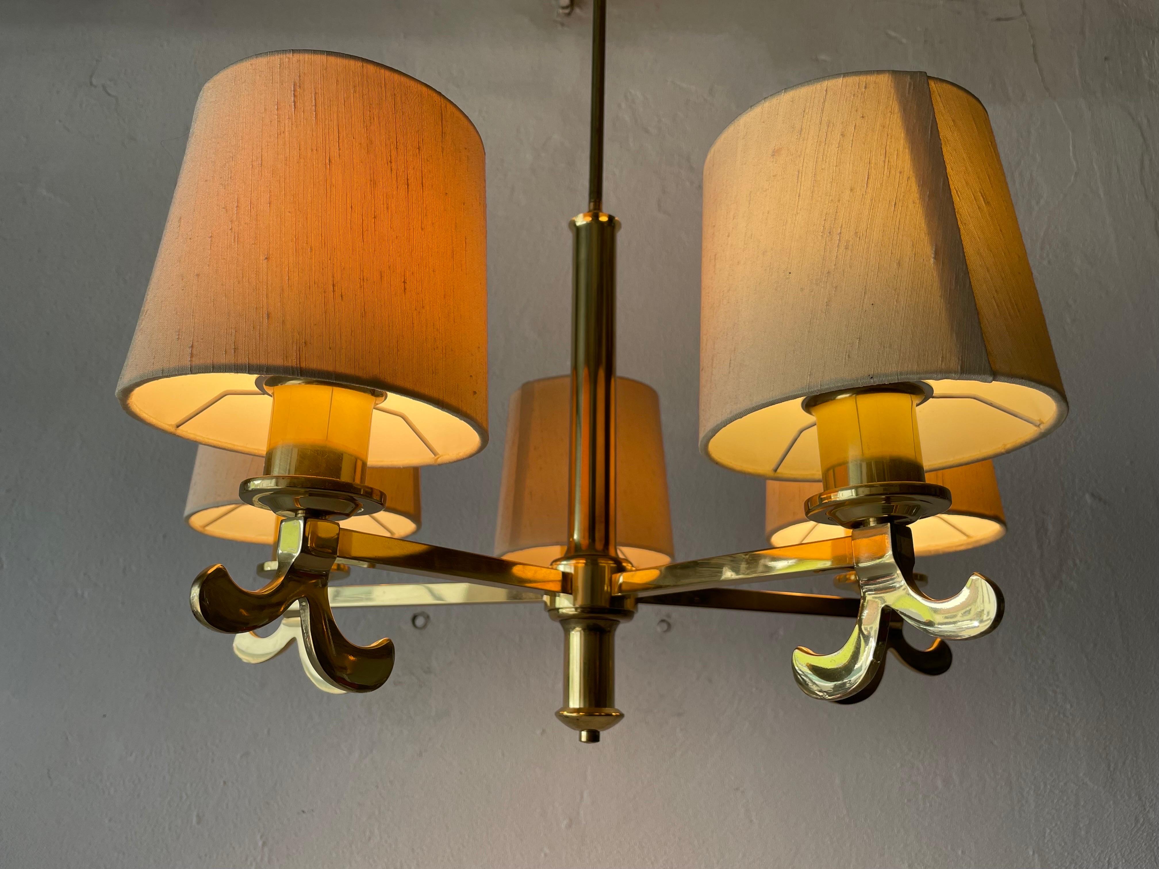  Brass & Fabric Shade 5-Arm Chandelier by Hans Möller, 1960s, Germany For Sale 13