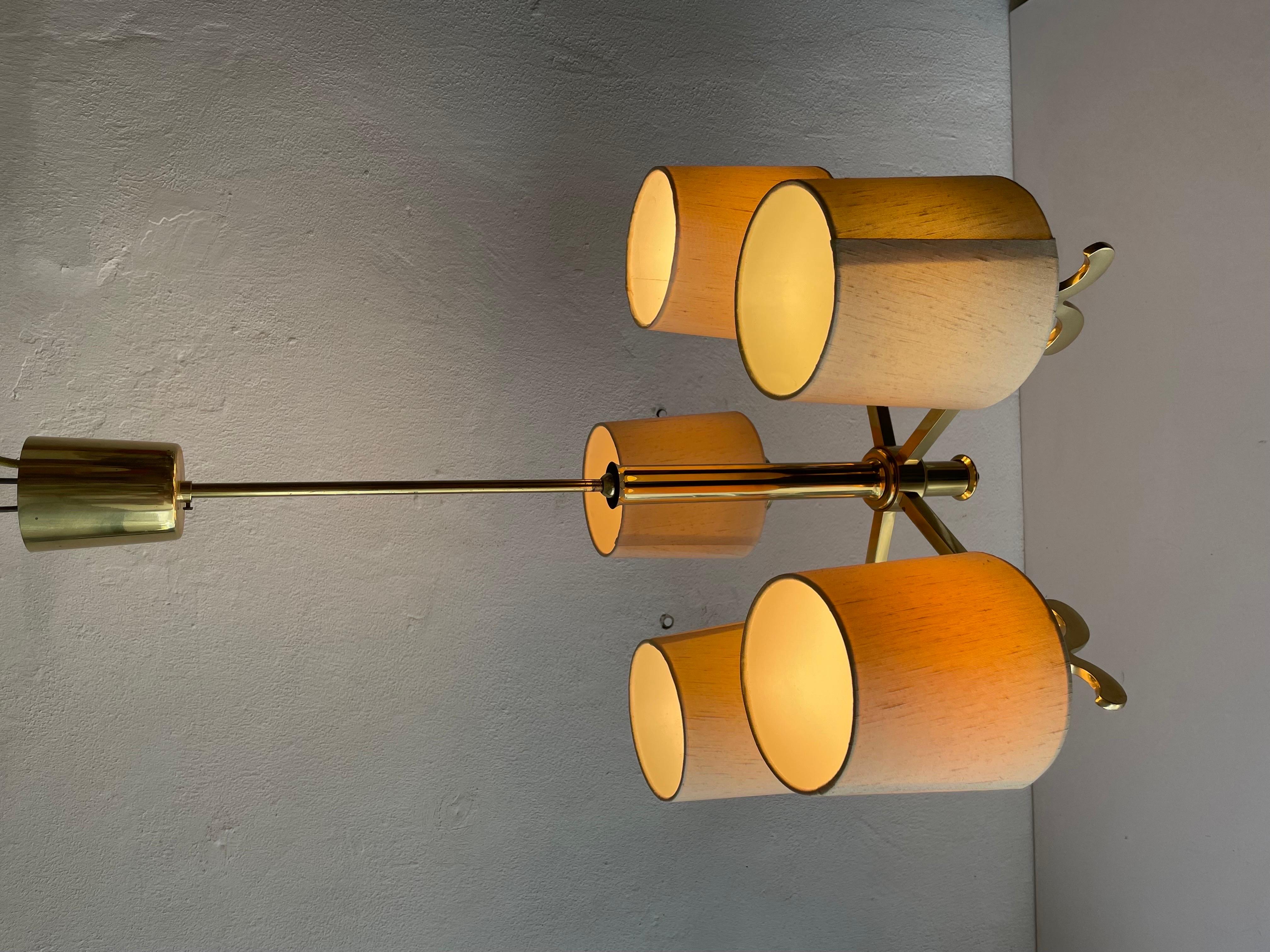  Brass & Fabric Shade 5-Arm Chandelier by Hans Möller, 1960s, Germany For Sale 14
