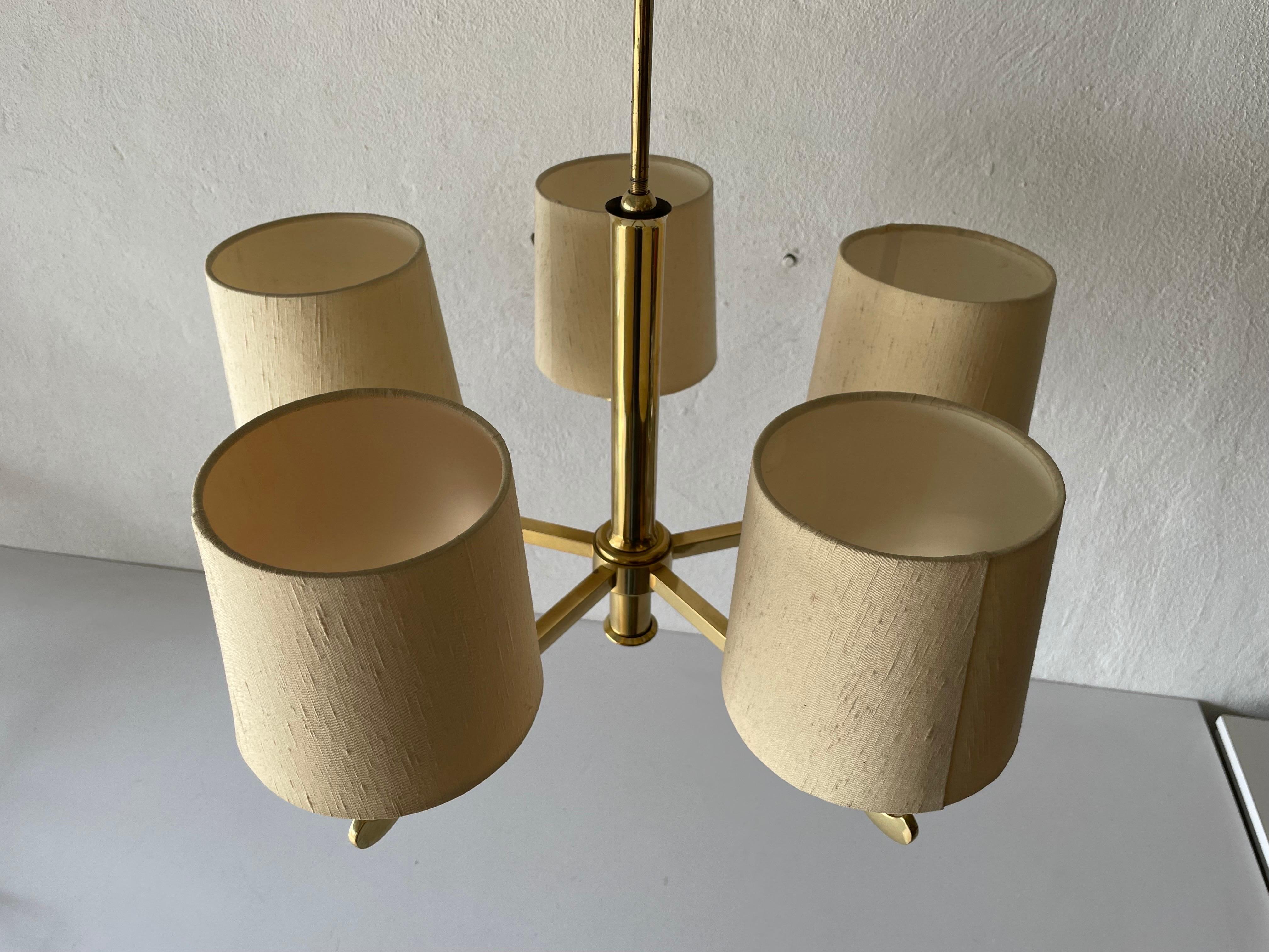 Mid-Century Modern  Brass & Fabric Shade 5-Arm Chandelier by Hans Möller, 1960s, Germany For Sale