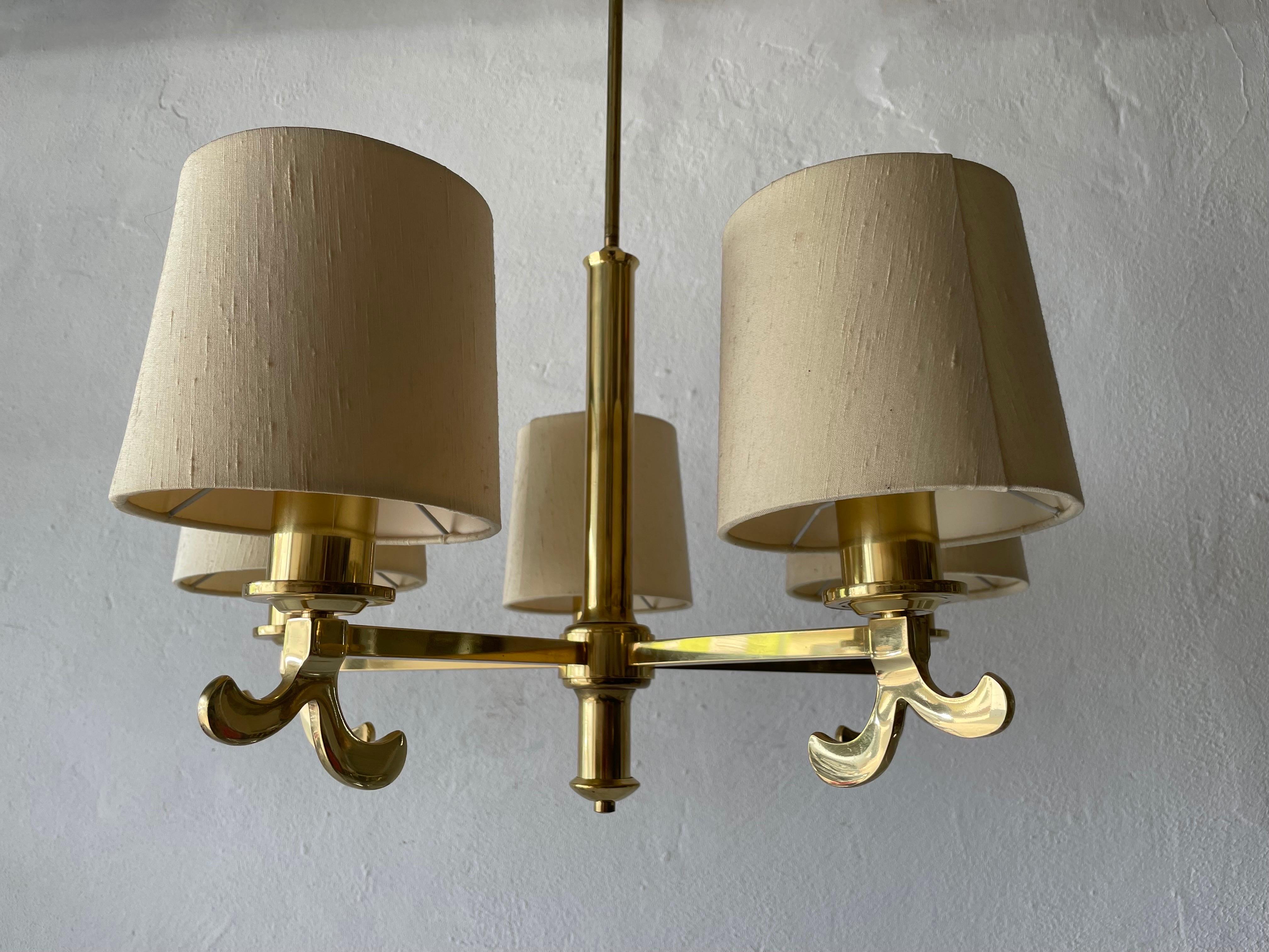 Mid-20th Century  Brass & Fabric Shade 5-Arm Chandelier by Hans Möller, 1960s, Germany For Sale