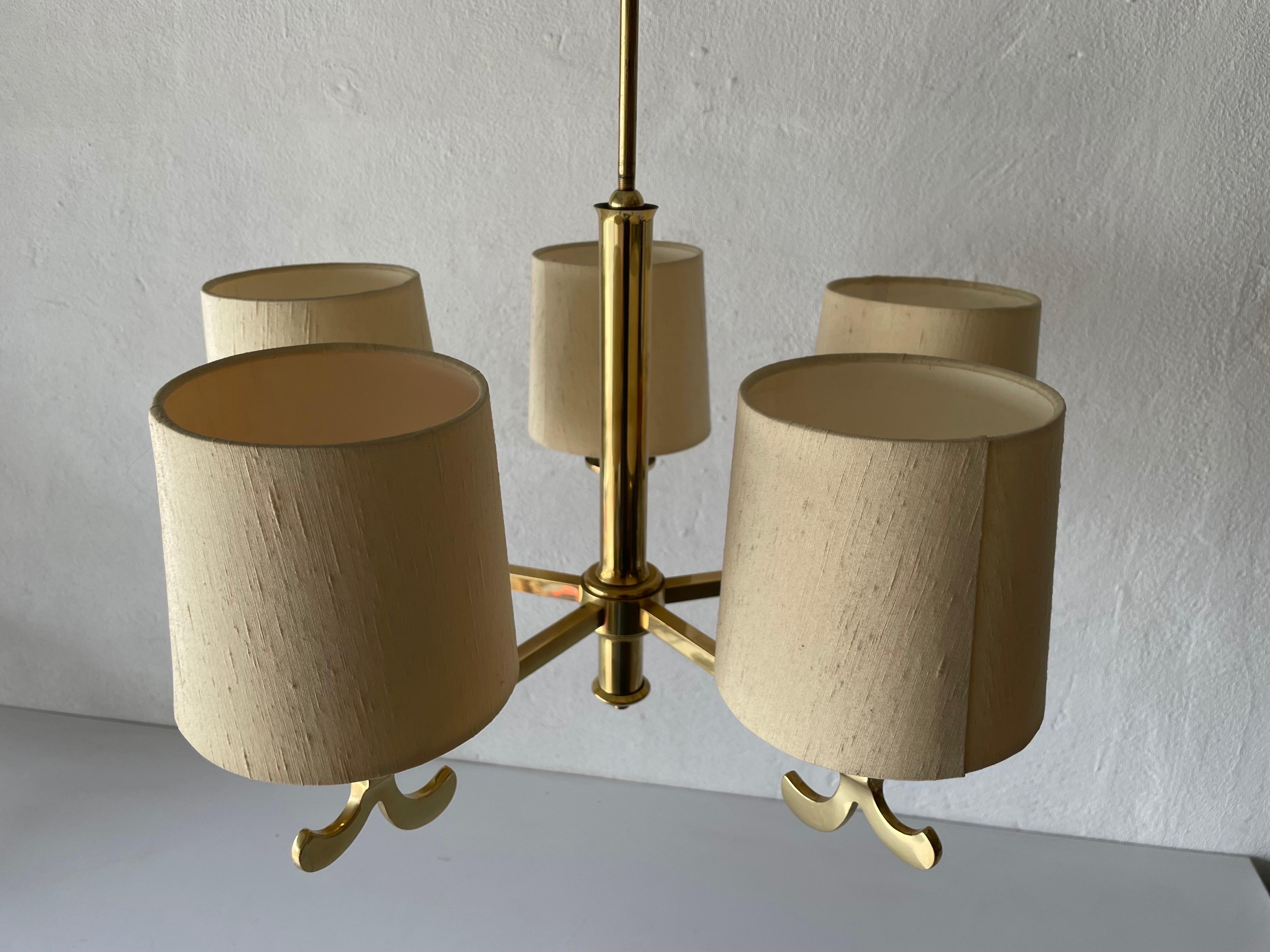  Brass & Fabric Shade 5-Arm Chandelier by Hans Möller, 1960s, Germany For Sale 1