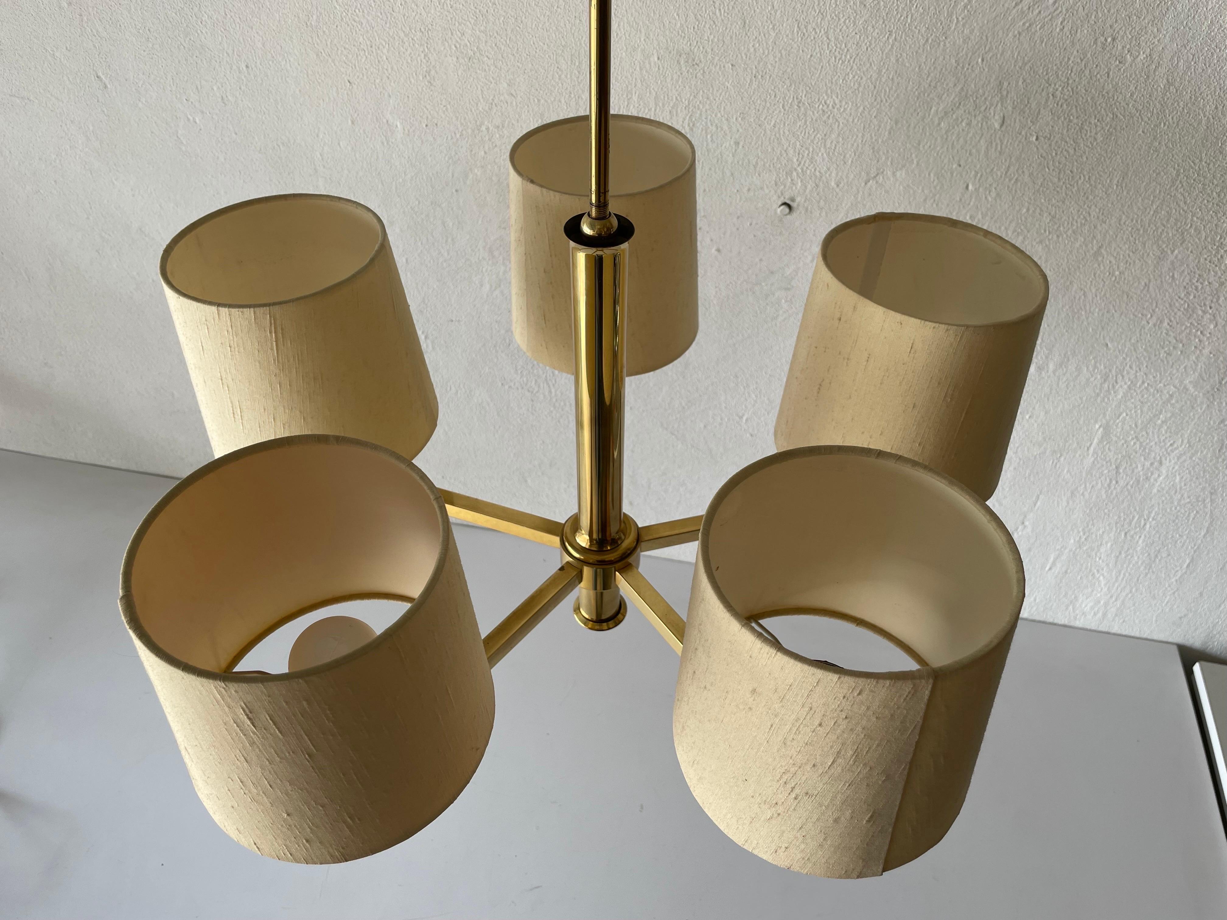  Brass & Fabric Shade 5-Arm Chandelier by Hans Möller, 1960s, Germany For Sale 4