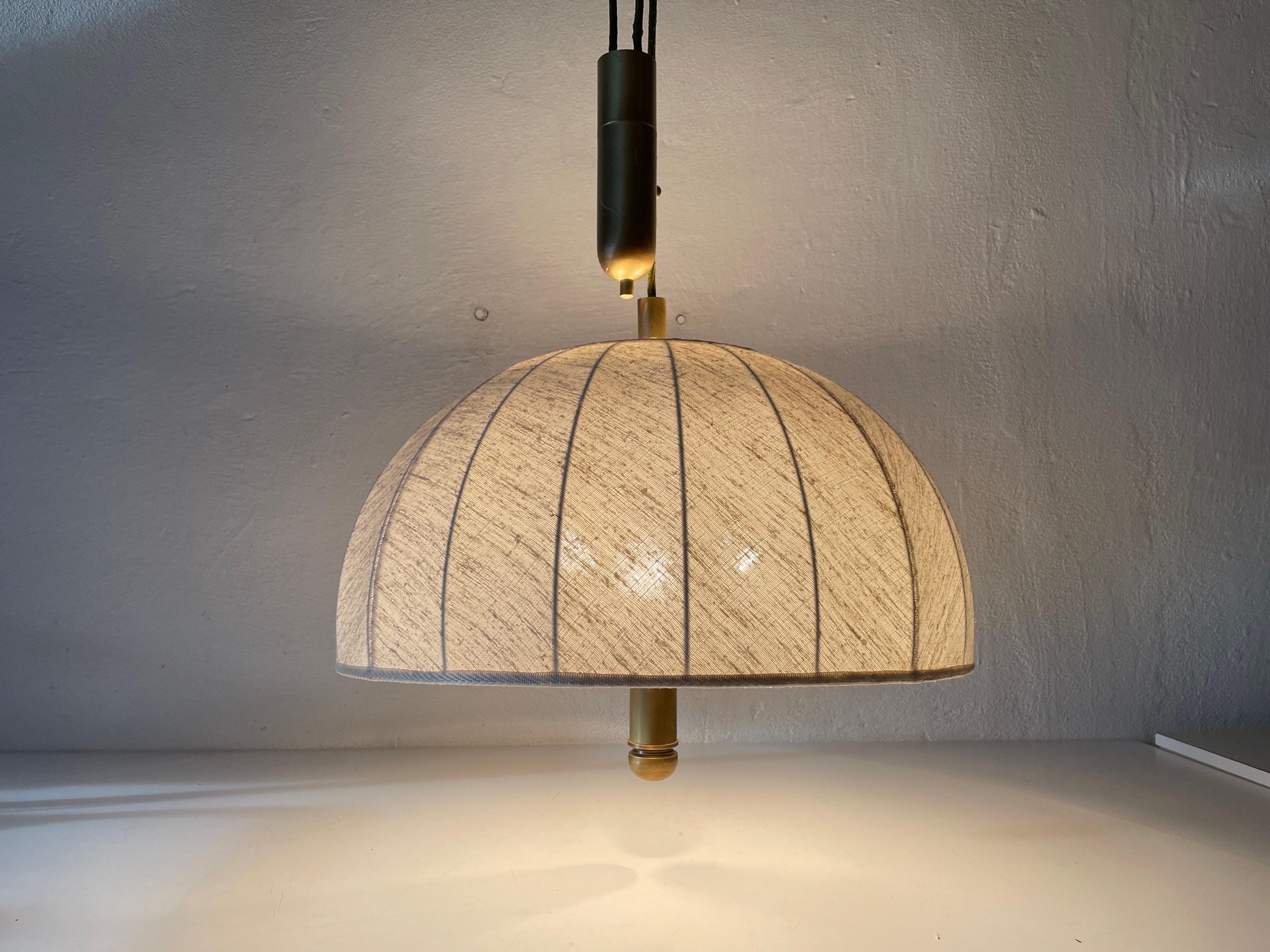 Brass & Fabric Shade Counterweight Pendant Lamp by Wkr, 1970s, Germany 5
