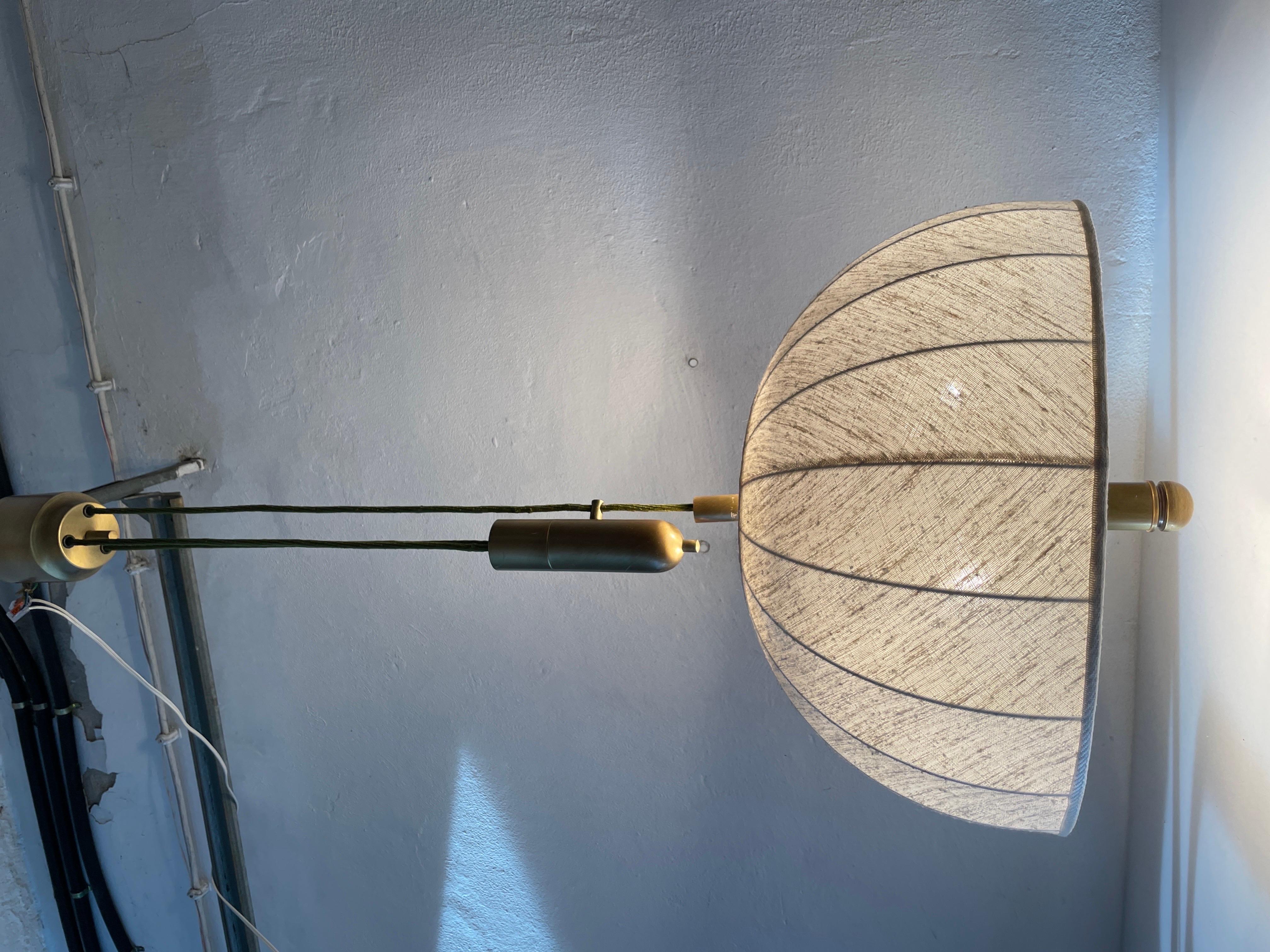 Brass & Fabric Shade Counterweight Pendant Lamp by Wkr, 1970s, Germany 10