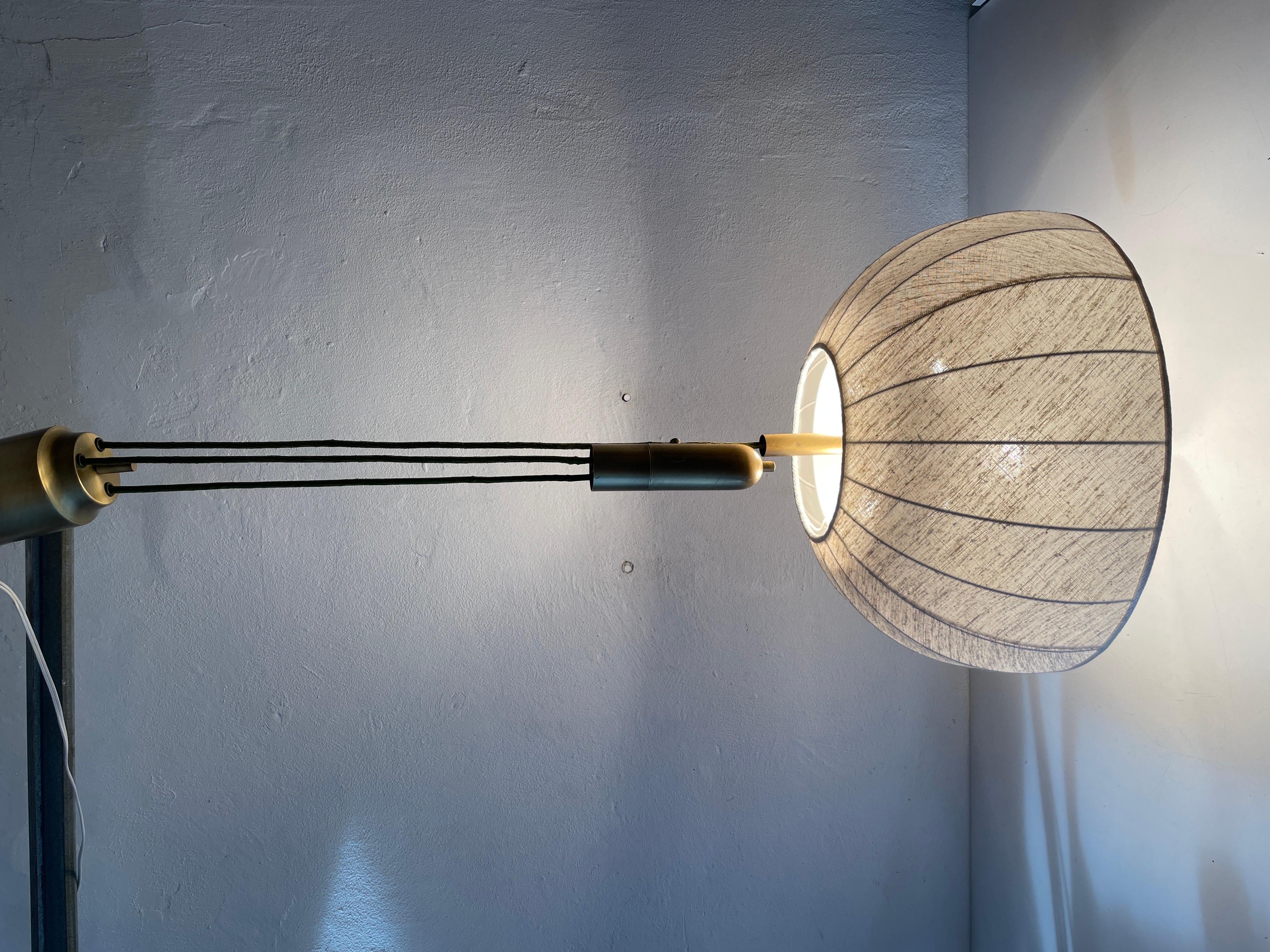 Brass & Fabric Shade Counterweight Pendant Lamp by Wkr, 1970s, Germany 11