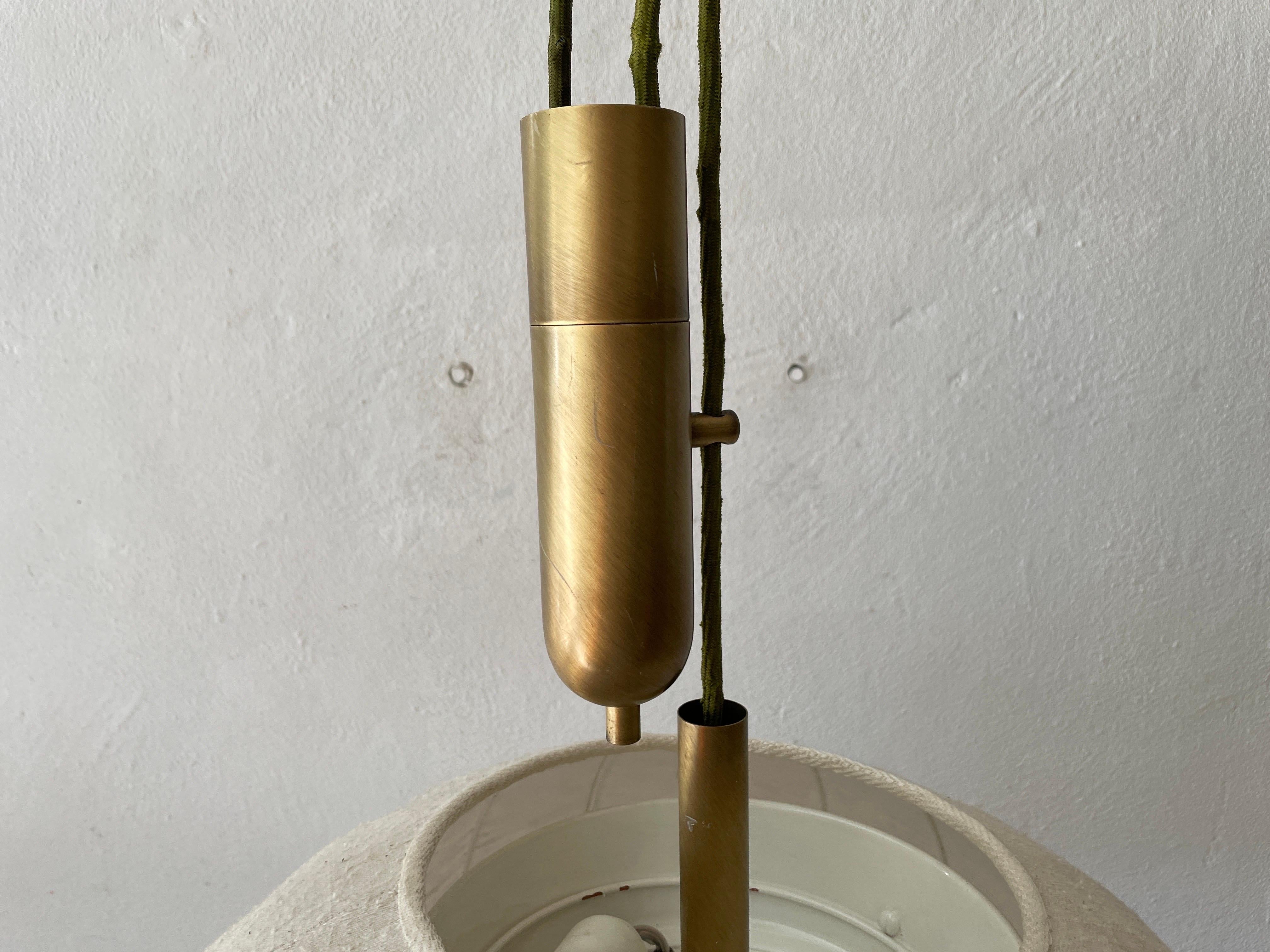 Brass & Fabric Shade Counterweight Pendant Lamp by Wkr, 1970s, Germany In Excellent Condition In Hagenbach, DE