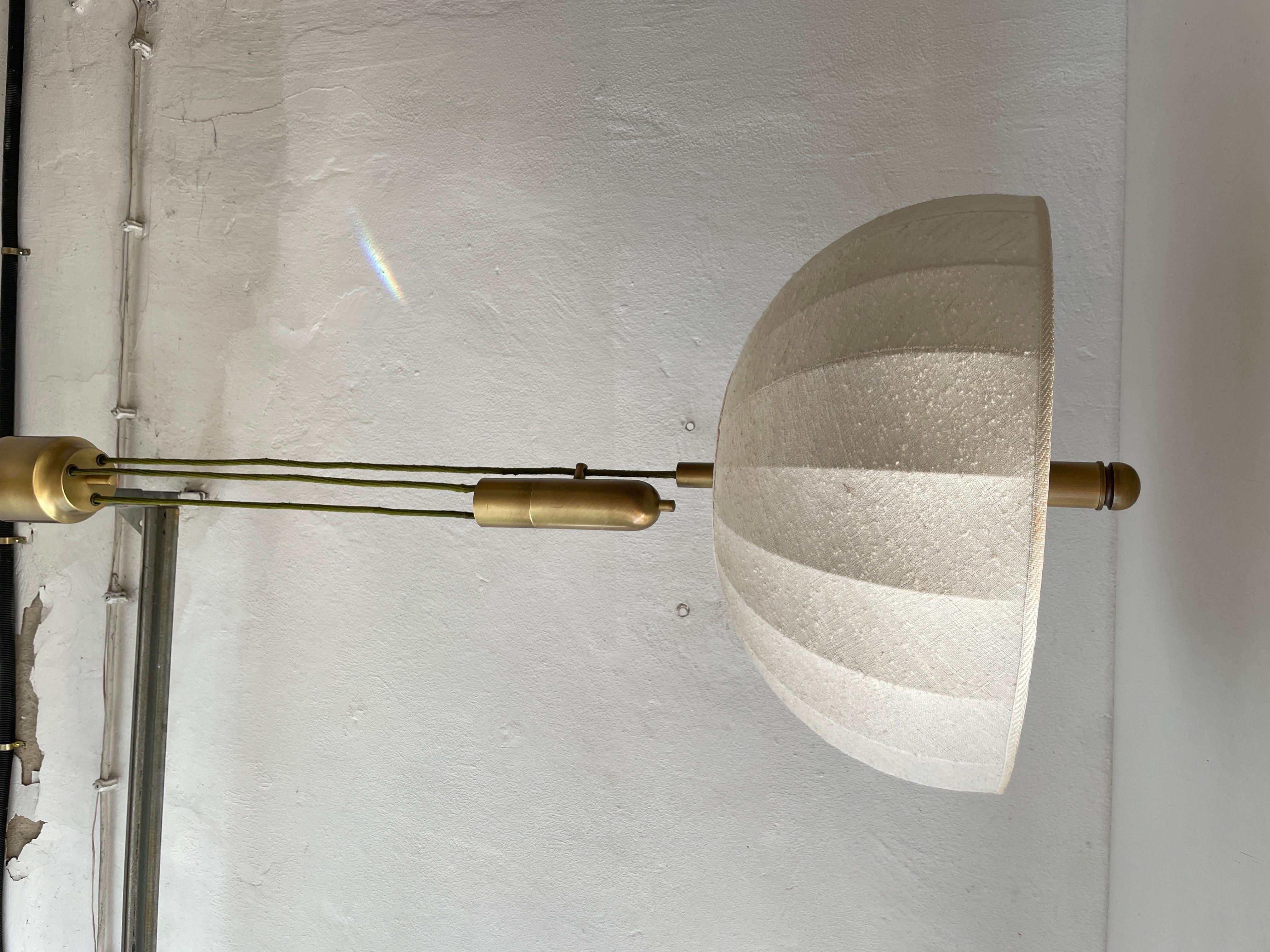 Brass & Fabric Shade Counterweight Pendant Lamp by Wkr, 1970s, Germany 1