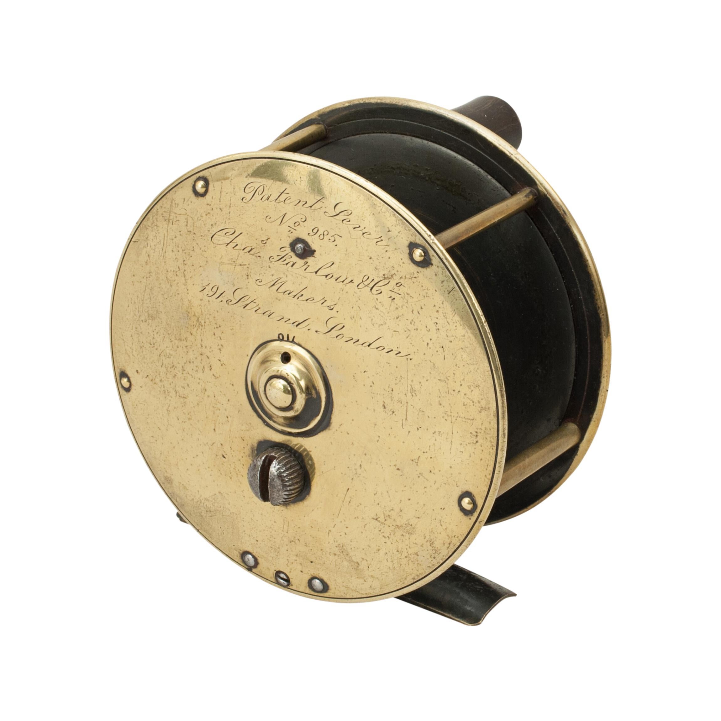 Salmon fishing reel by Farlows.
A very good 4 ¼ inch brass salmon fishing reel by Farlow, London. The reel with brass foot, check, rear tension adjuster and a single horn handle. The back plate engraved 'Patent Lever No. 985, Chas. Farlow & Co.,
