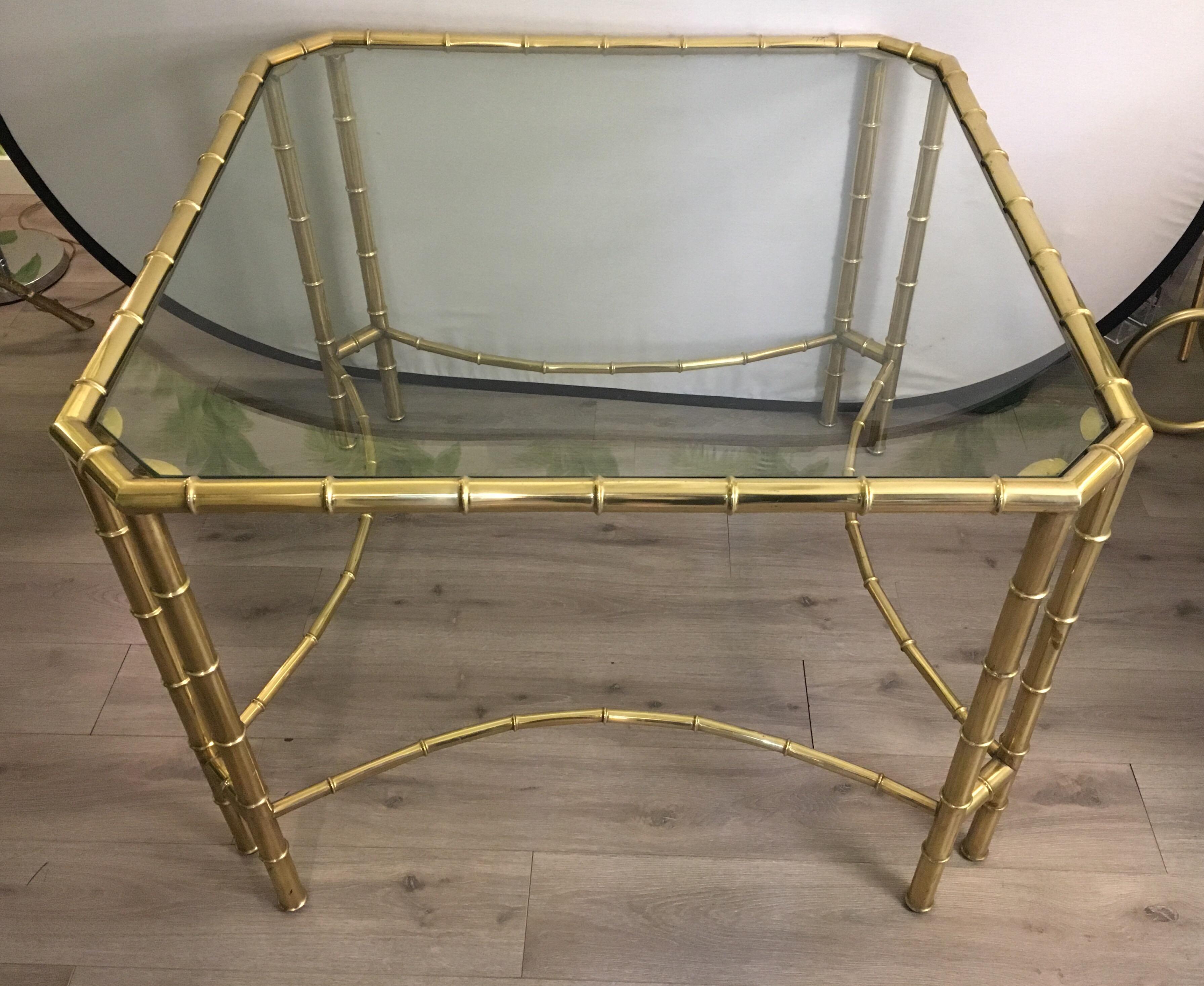 Vintage square (with curve edges, see pics) brass faux bamboo and glass center table. Made in Italy, circa 1970s.