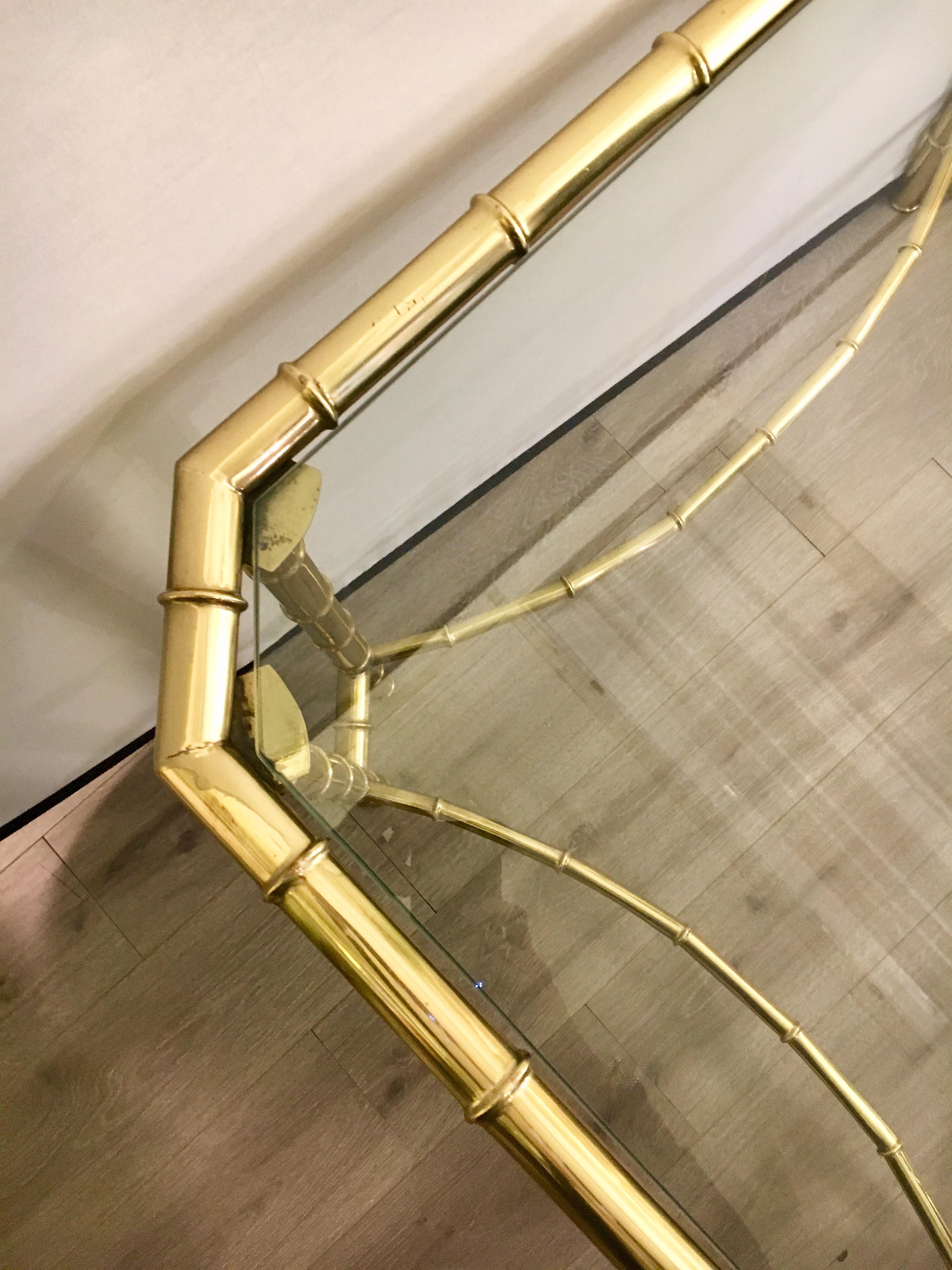 Late 20th Century Brass Faux Bamboo and Glass Center Centre Foyer Table Made in Italy