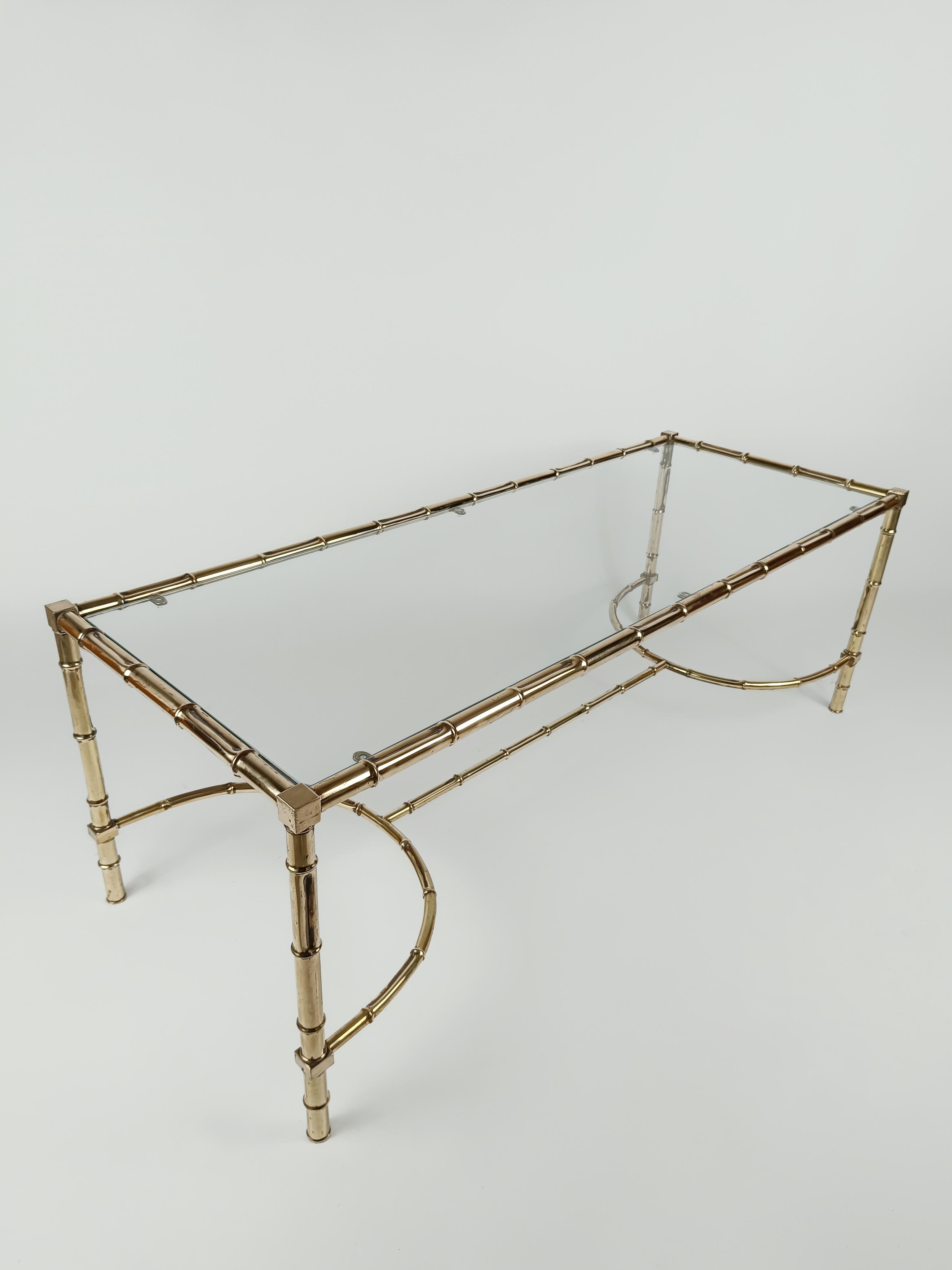 Brass Faux Bamboo and Glass, Italian Coffe Table in the Style Maison Baguès For Sale 5