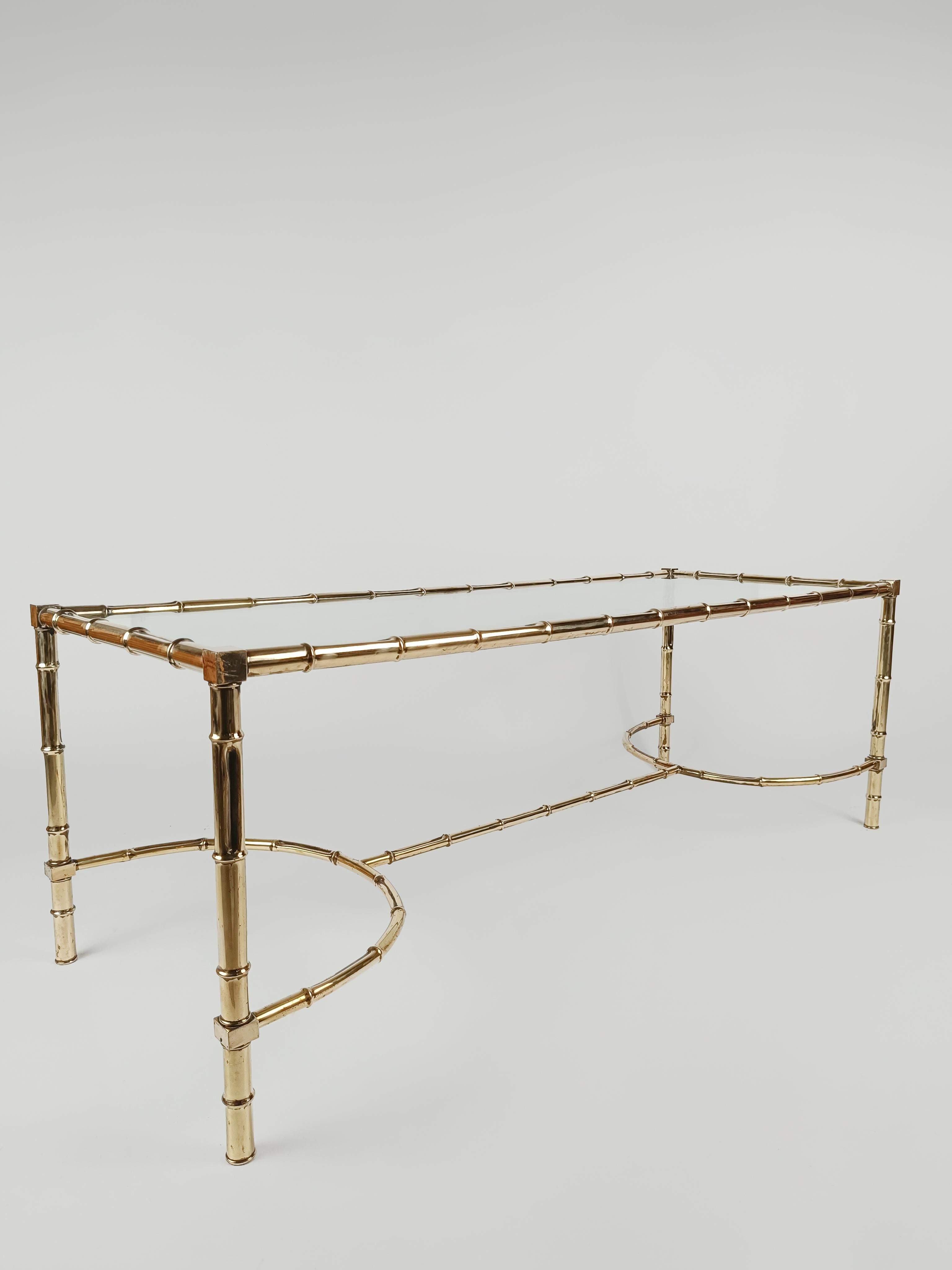 Brass Faux Bamboo and Glass, Italian Coffe Table in the Style Maison Baguès For Sale 6