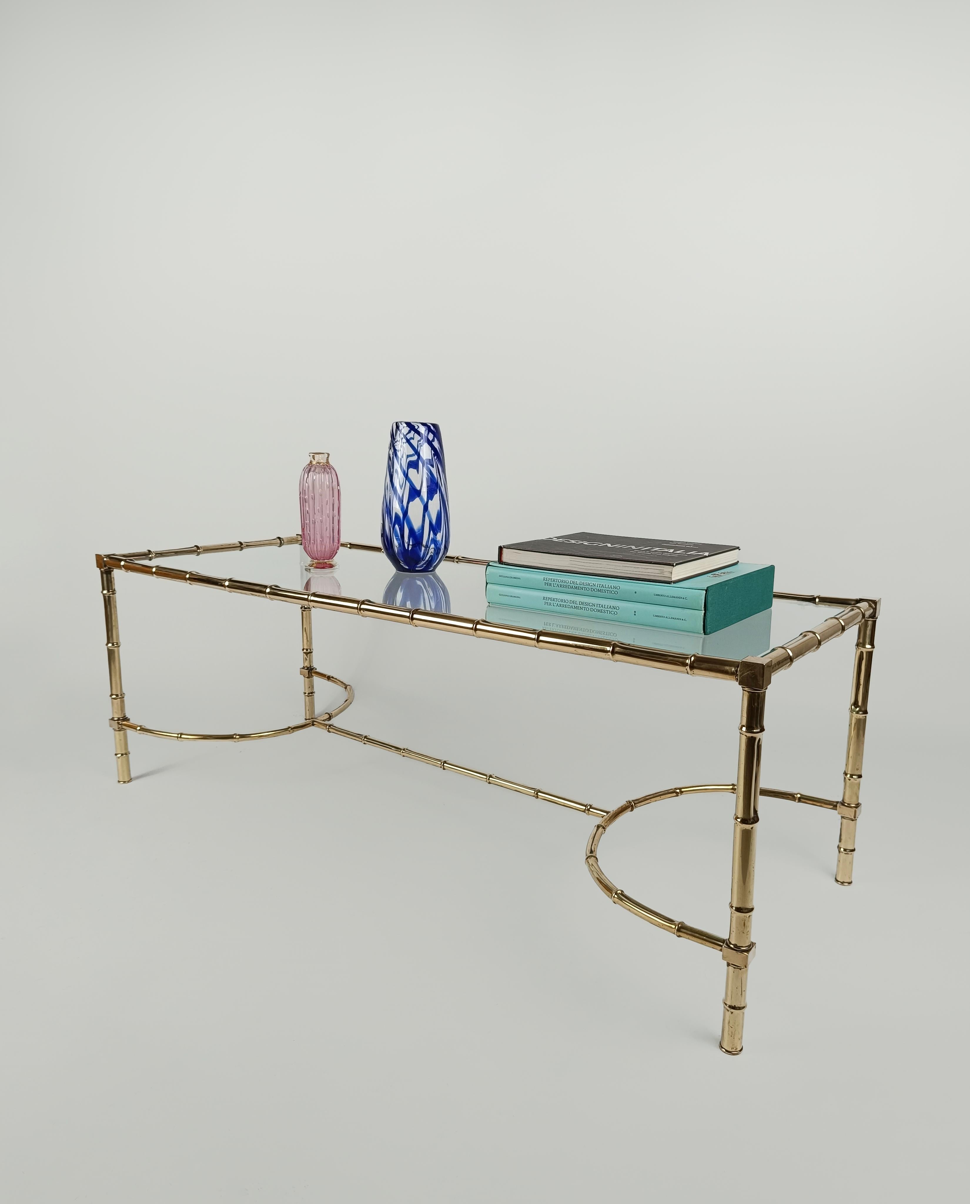  Brass Faux Bamboo and Glass, Italian Coffe Table in the Style Maison Baguès For Sale 10