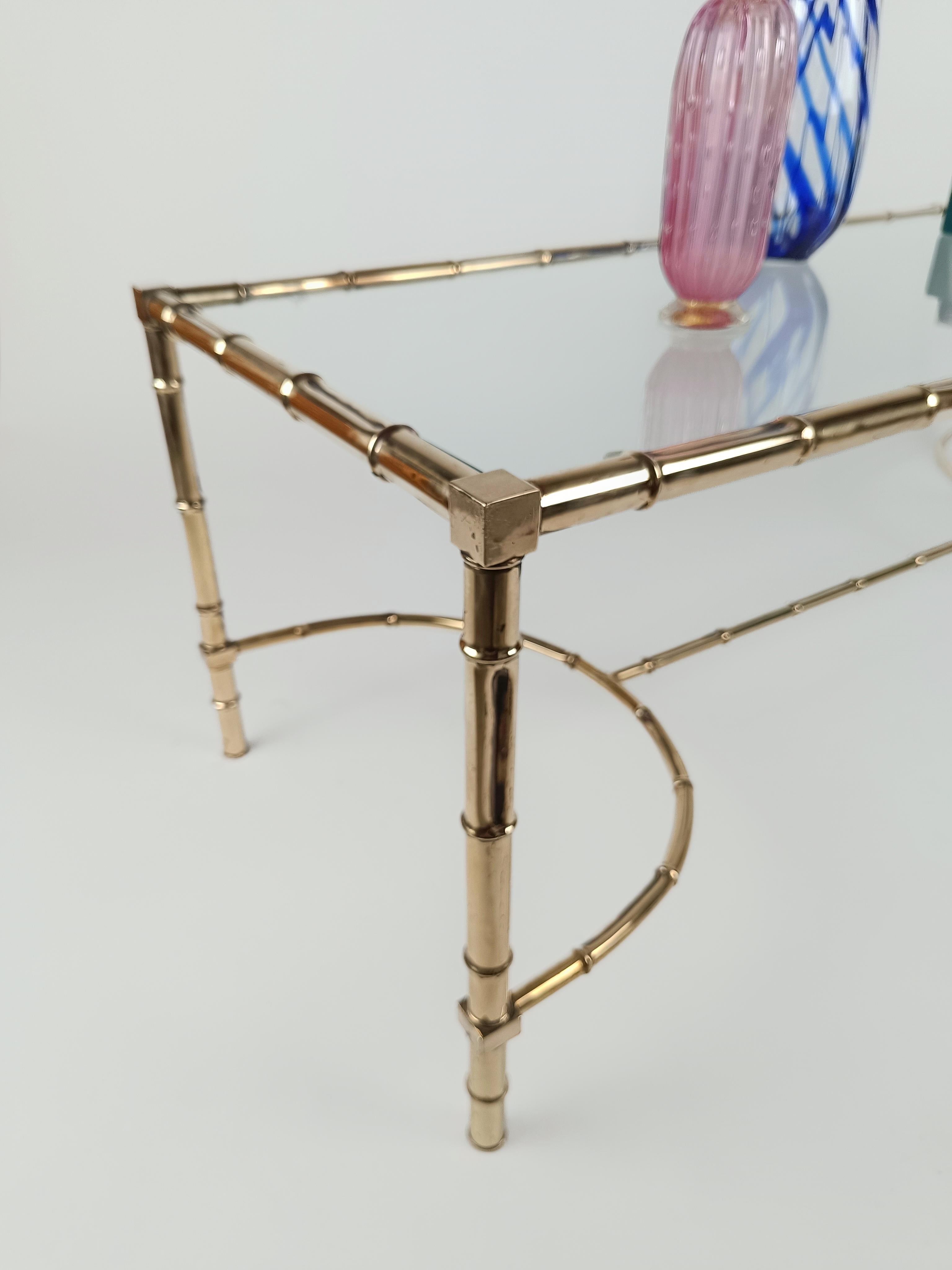  Brass Faux Bamboo and Glass, Italian Coffe Table in the Style Maison Baguès In Good Condition For Sale In Roma, IT