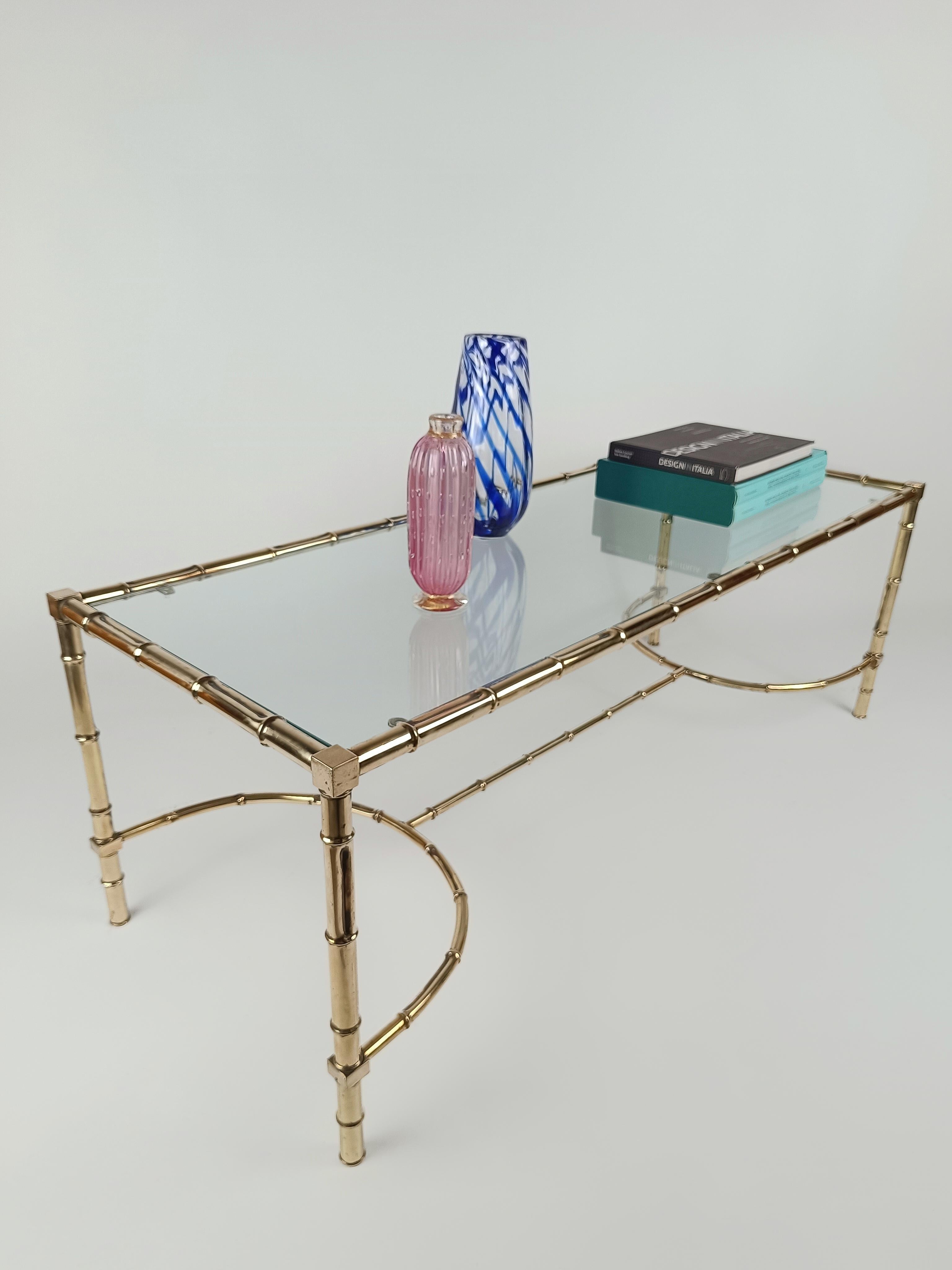  Brass Faux Bamboo and Glass, Italian Coffe Table in the Style Maison Baguès For Sale 1