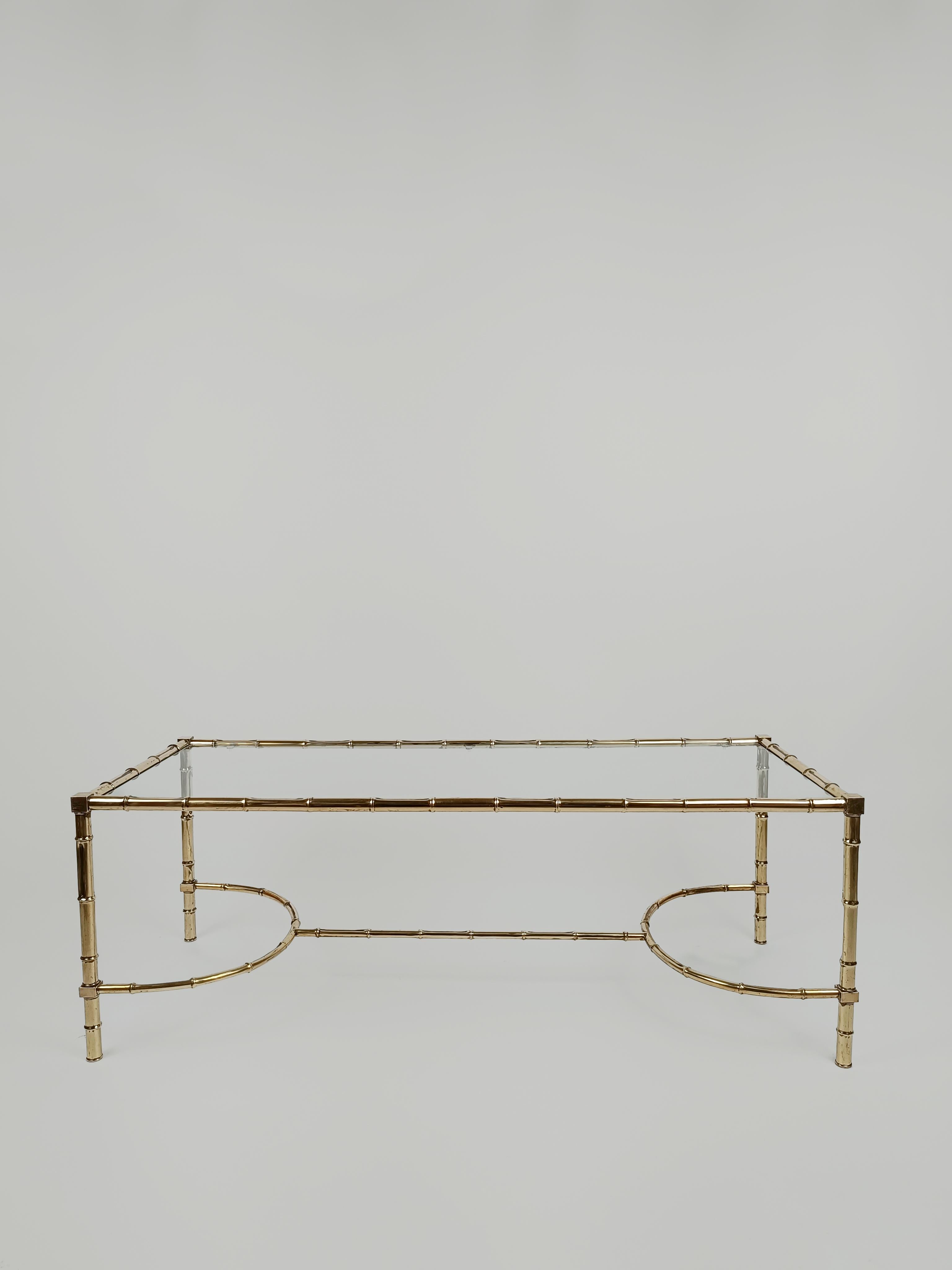  Brass Faux Bamboo and Glass, Italian Coffe Table in the Style Maison Baguès For Sale 3