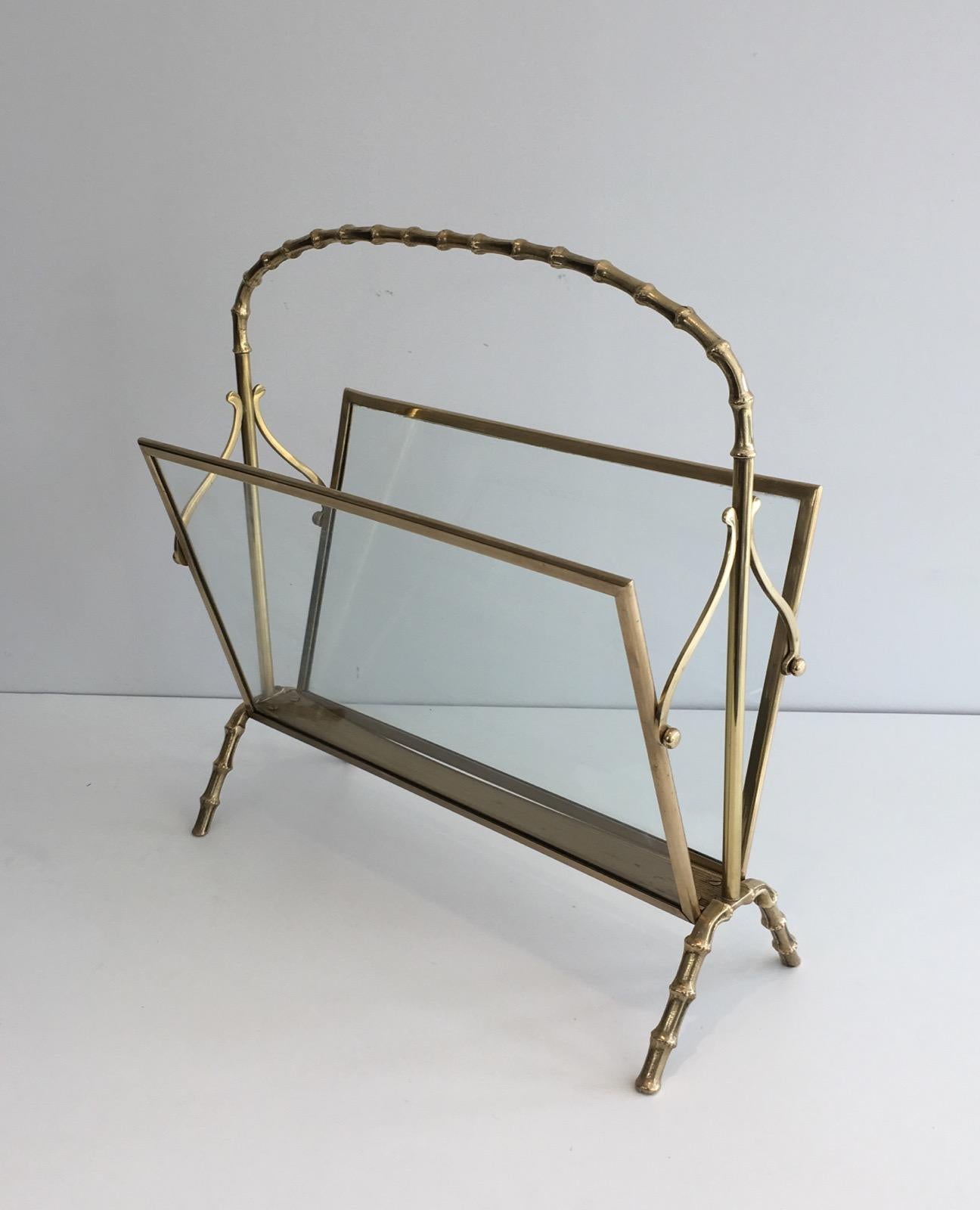 Neoclassical Brass Faux-Bamboo Bronze and Brass Magazine Rack by Maison Baguès