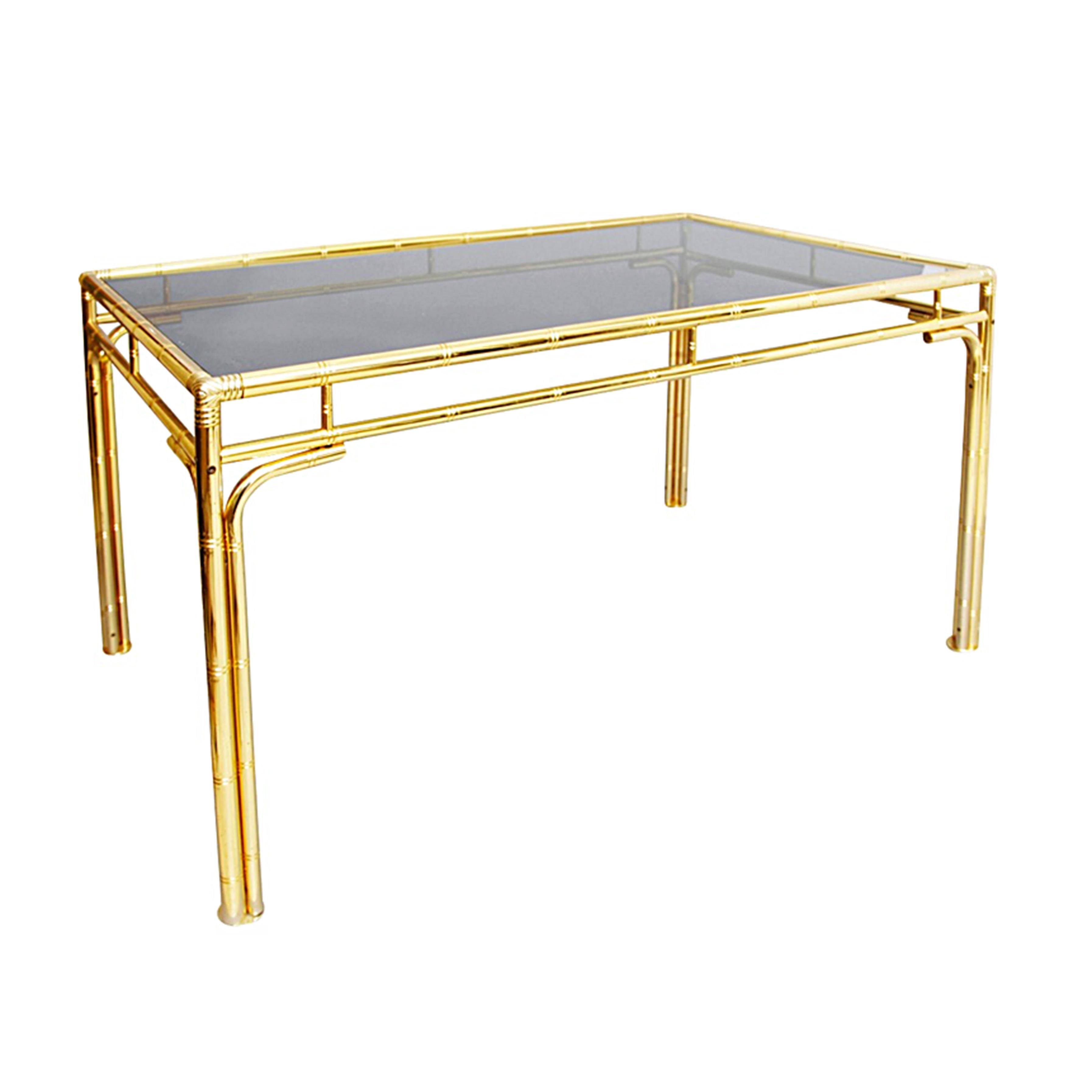 Brass Faux Bamboo Dining Table Glass Hollywood Regency Vintage 1970s Midcentury