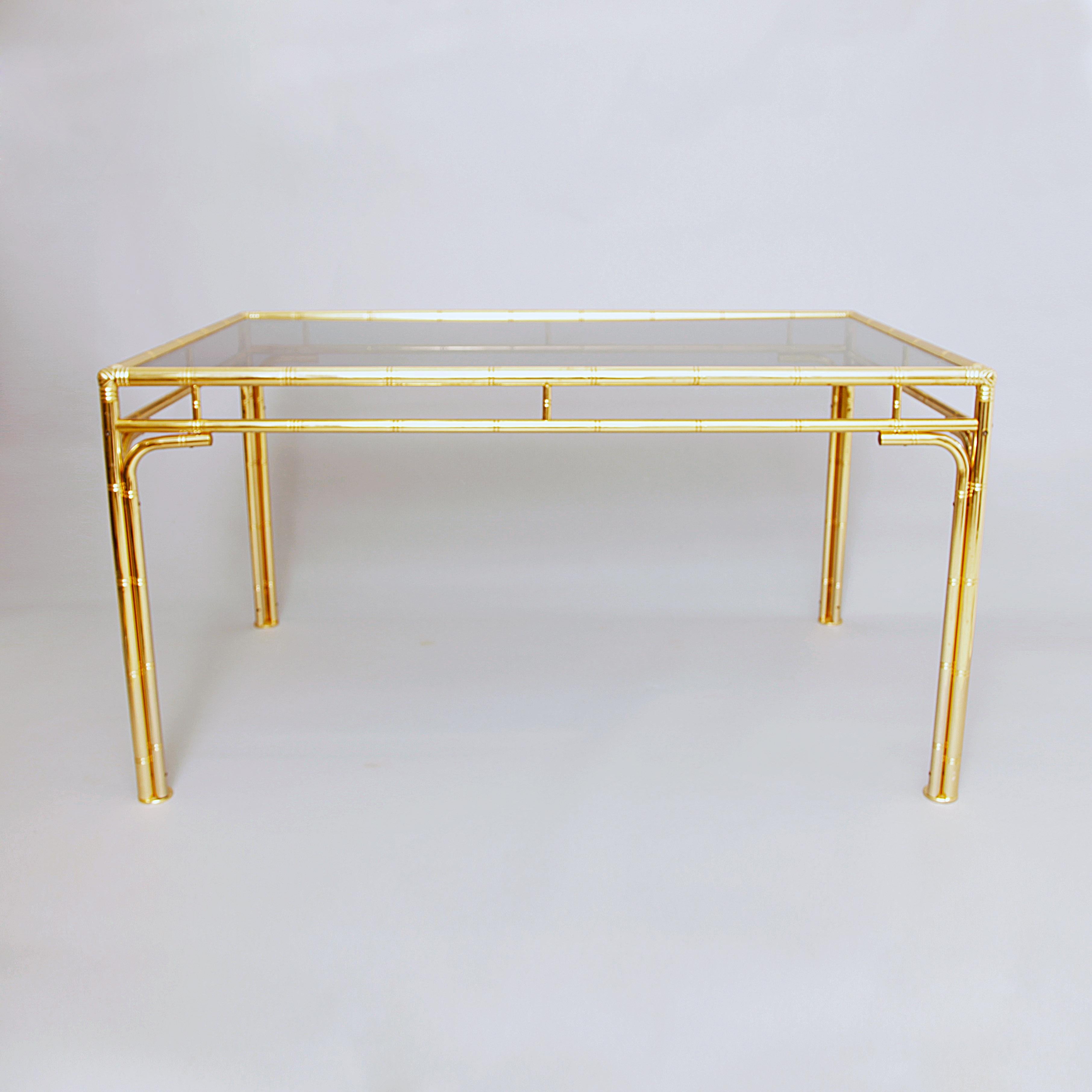 Italian Brass Faux Bamboo Dining Table Glass Hollywood Regency Vintage 1970s Midcentury For Sale