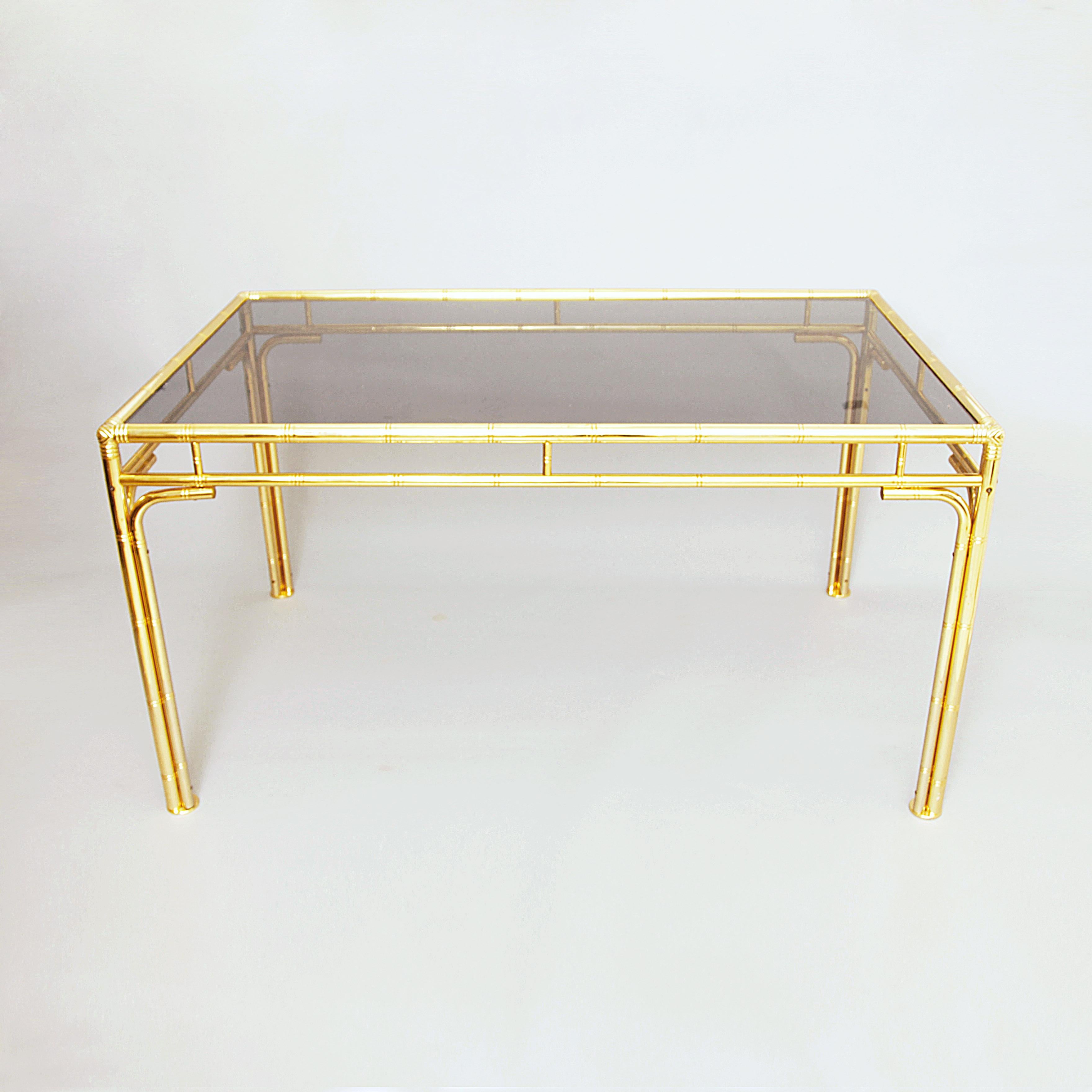 Brass Faux Bamboo Dining Table Glass Hollywood Regency Vintage 1970s Midcentury In Good Condition For Sale In London, GB